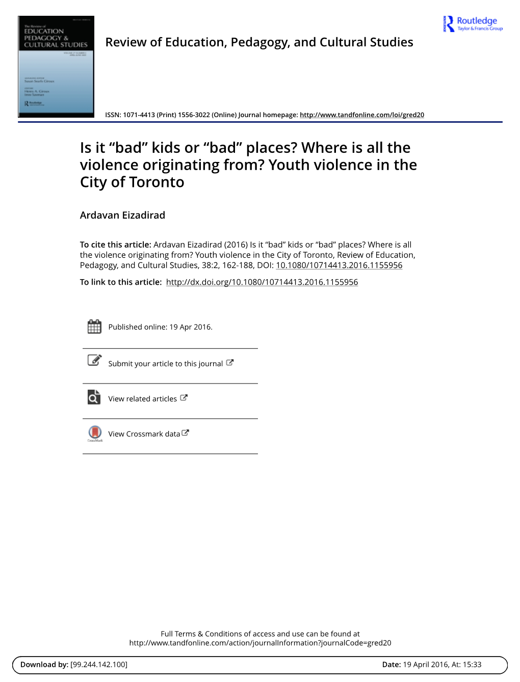 Youth Violence in the City of Toronto