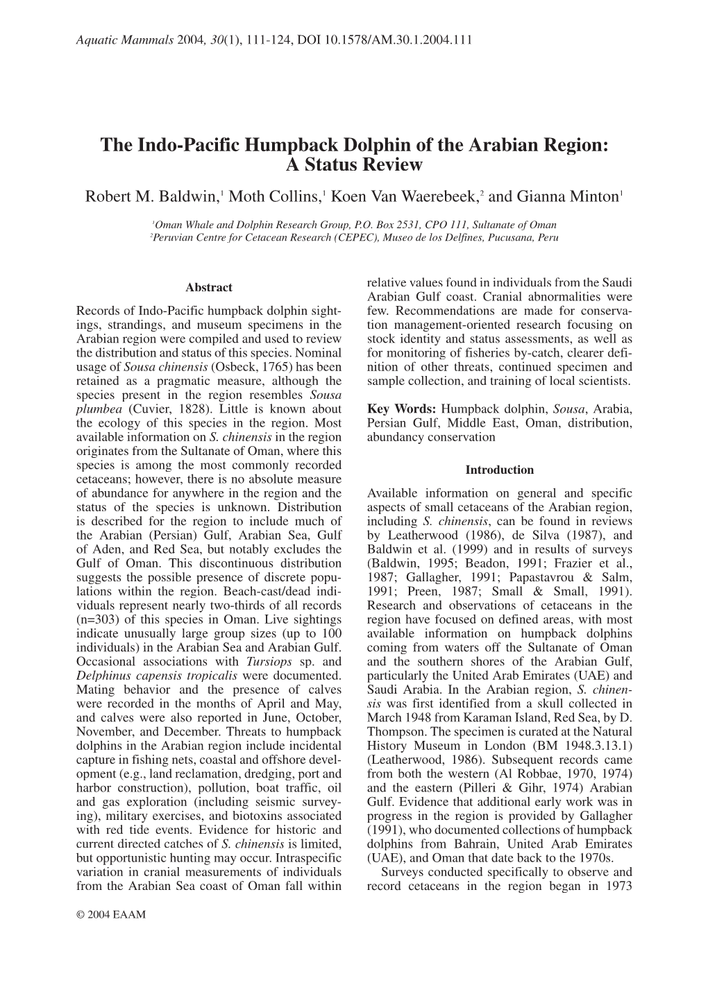 The Indo-Pacific Humpback Dolphin of the Arabian Region: a Status Review Robert M