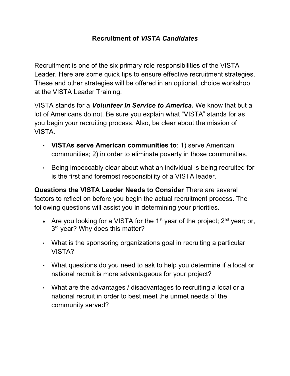 Recruitment of VISTA Candidates