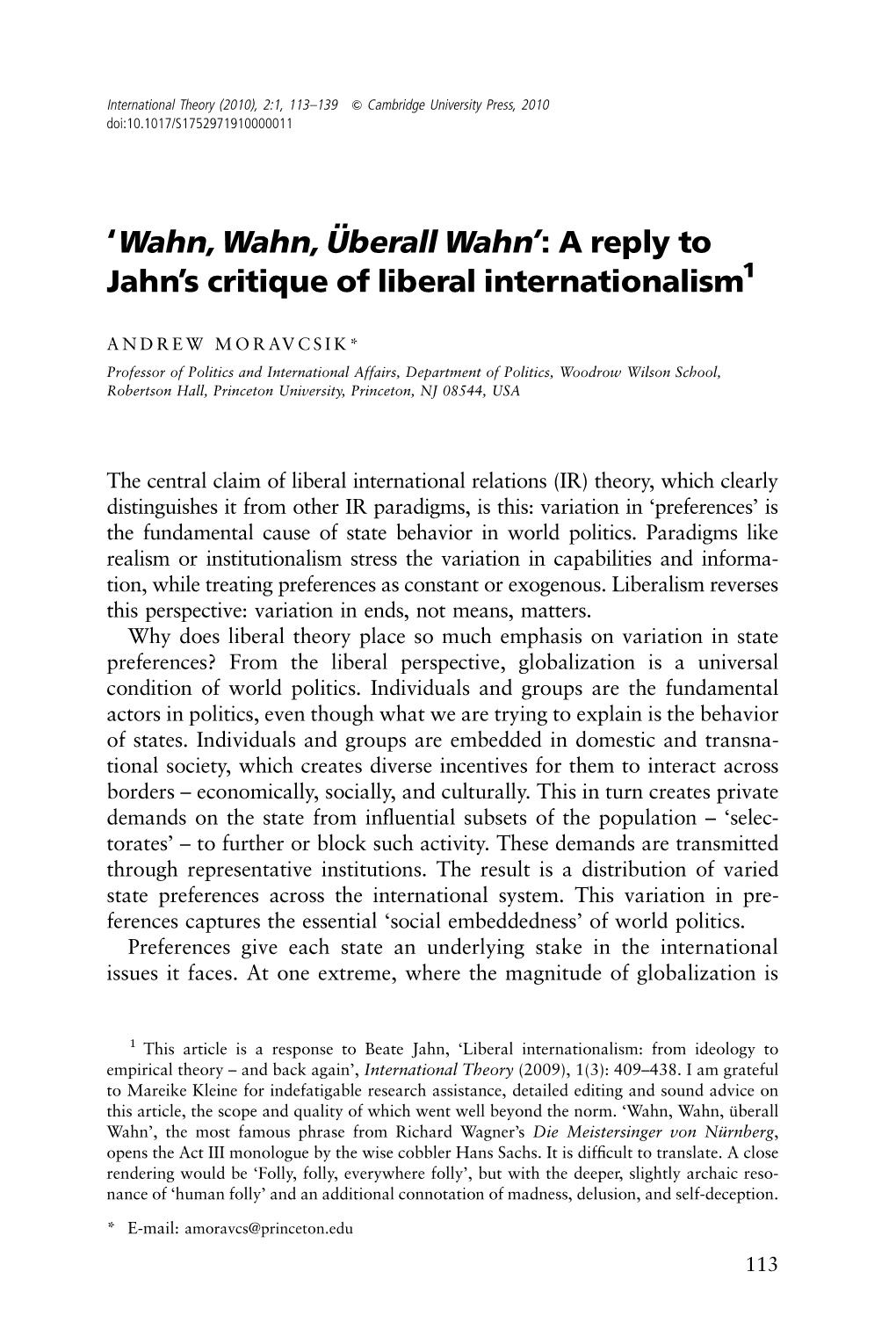A Reply to Jahn's Critique of Liberal Internationalism