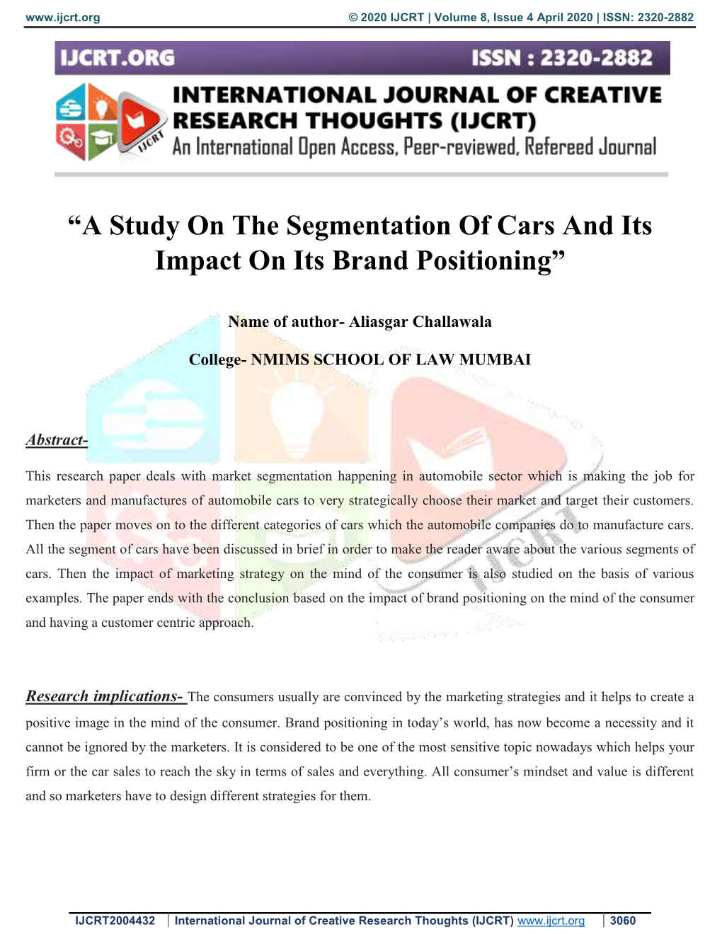 A Study on the Segmentation of Cars and Its Impact on Its Brand Positioning”