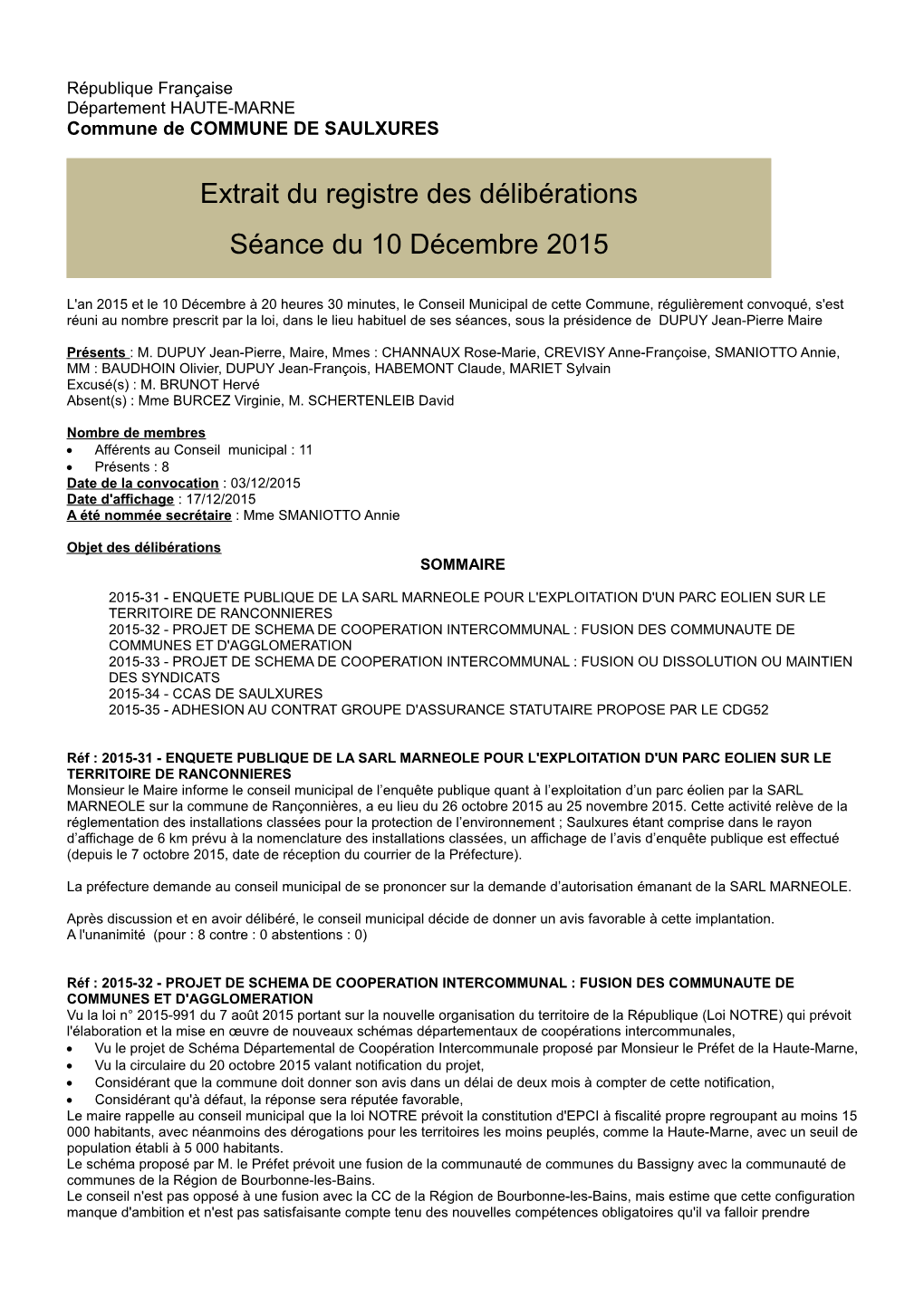 Extrait Du Registre Des Délibérations Séance Du 10 Décembre 2015