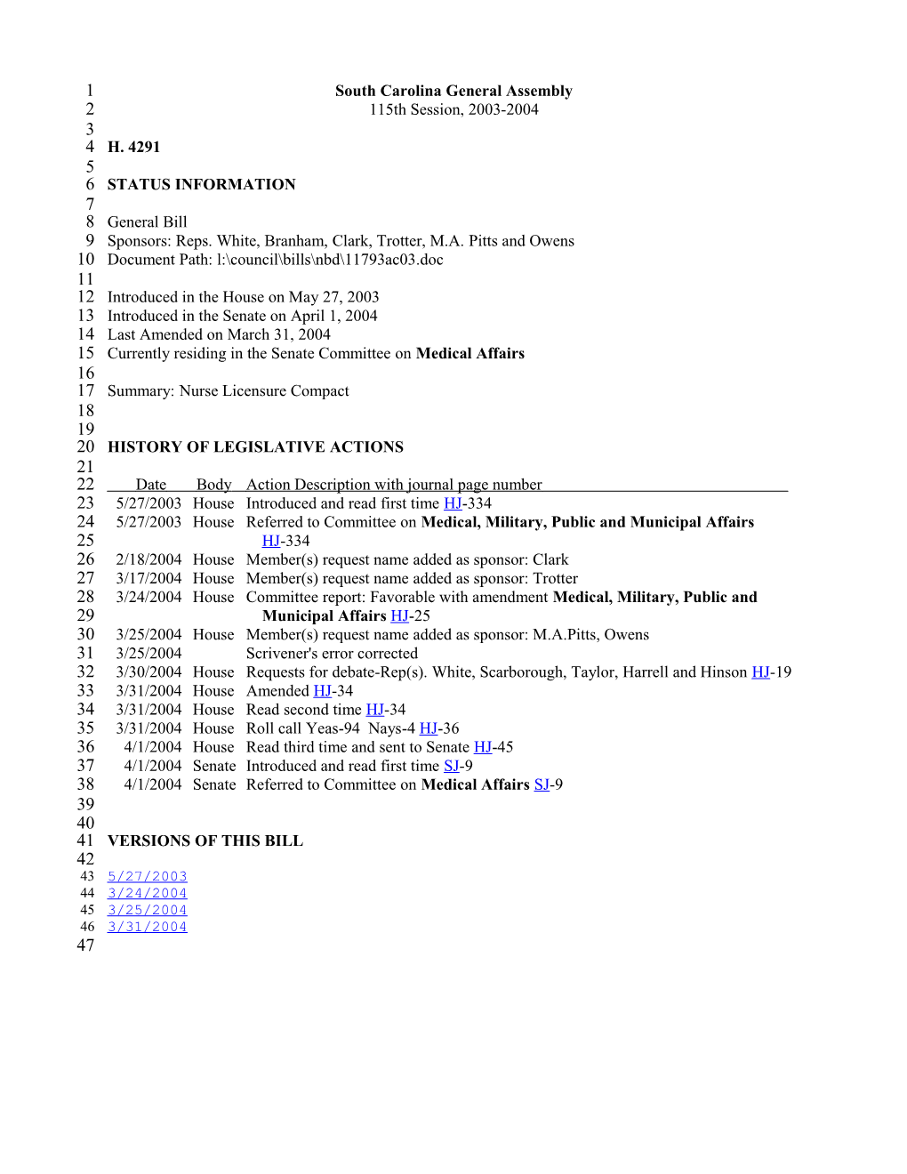 2003-2004 Bill 4291: Nurse Licensure Compact - South Carolina Legislature Online