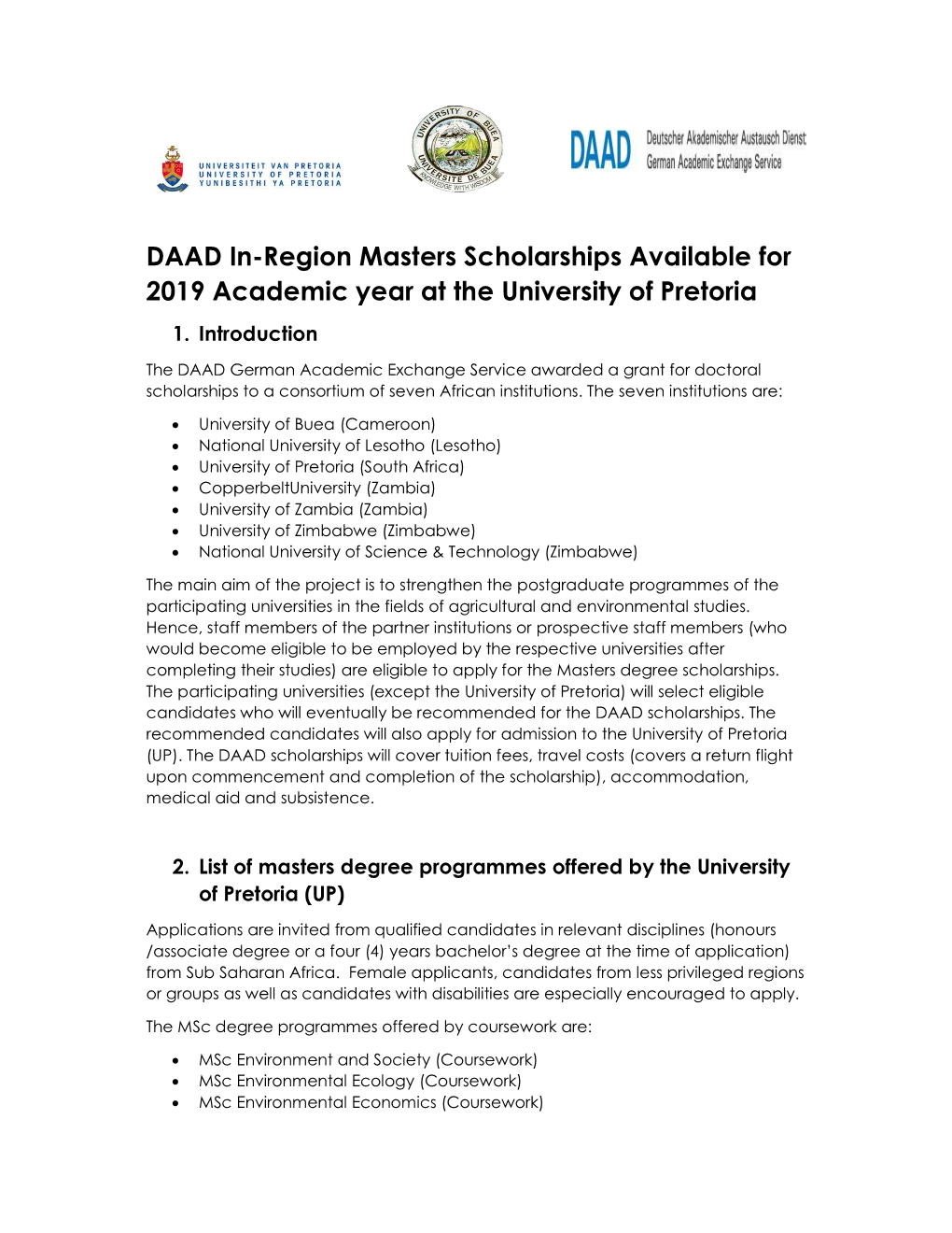 DAAD In-Region Masters Scholarships Available for 2019 Academic Year at the University of Pretoria 1