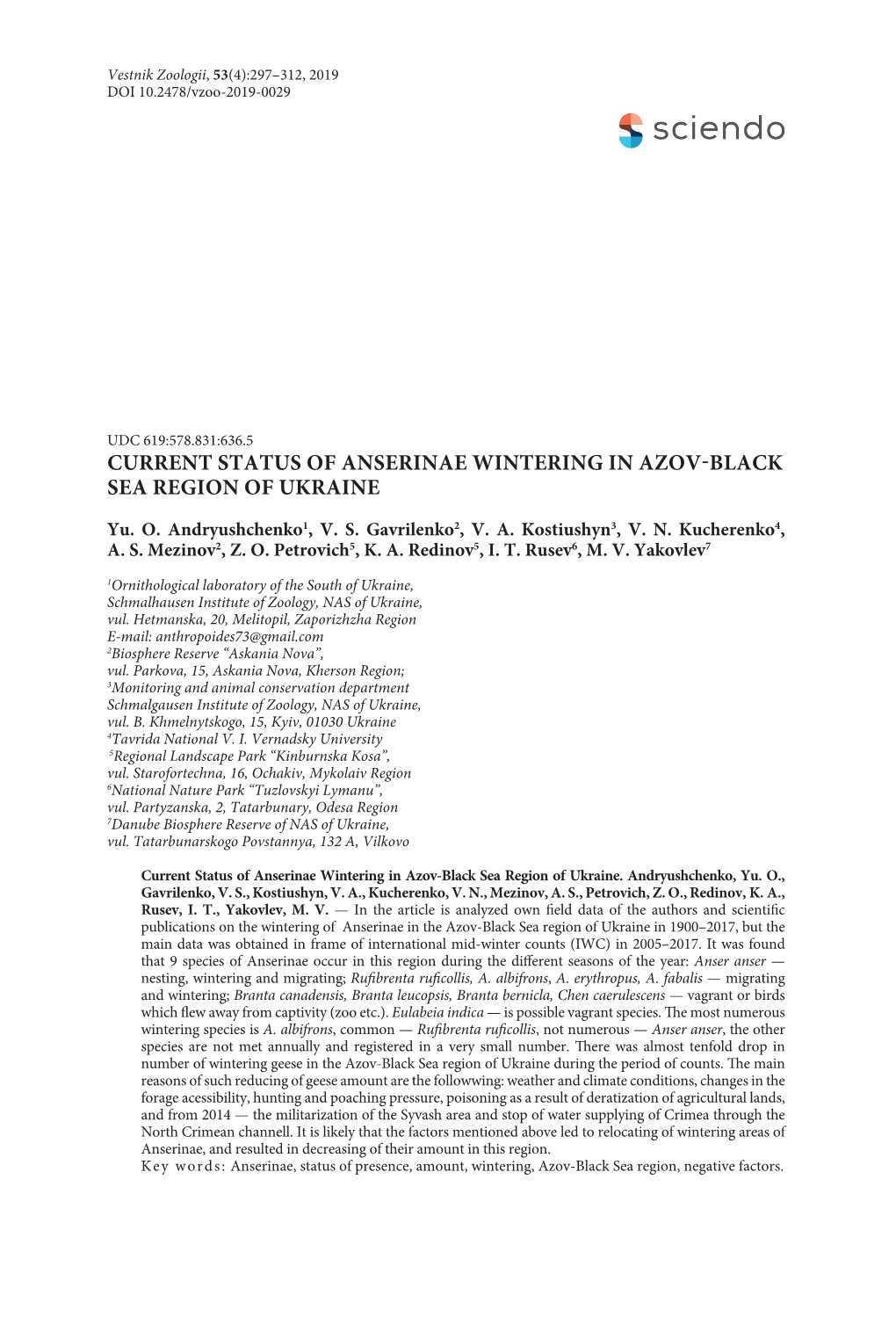 Current Status of Anserinae Wintering in Azov-Black Sea Region of Ukraine