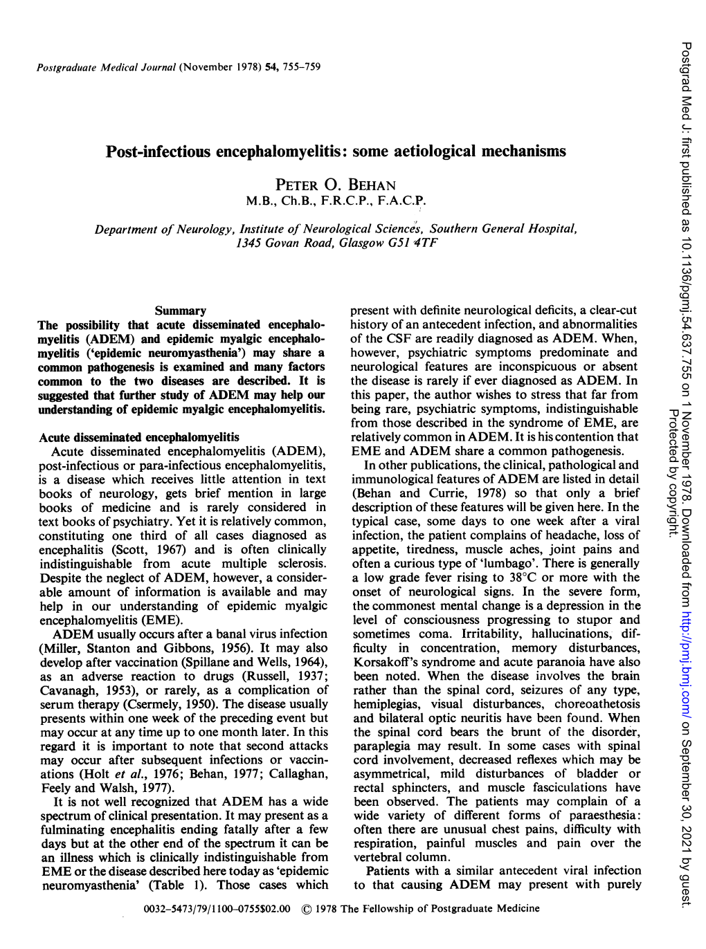 Post-Infectious Encephalomyelitis: Some Aetiological Mechanisms PETER 0