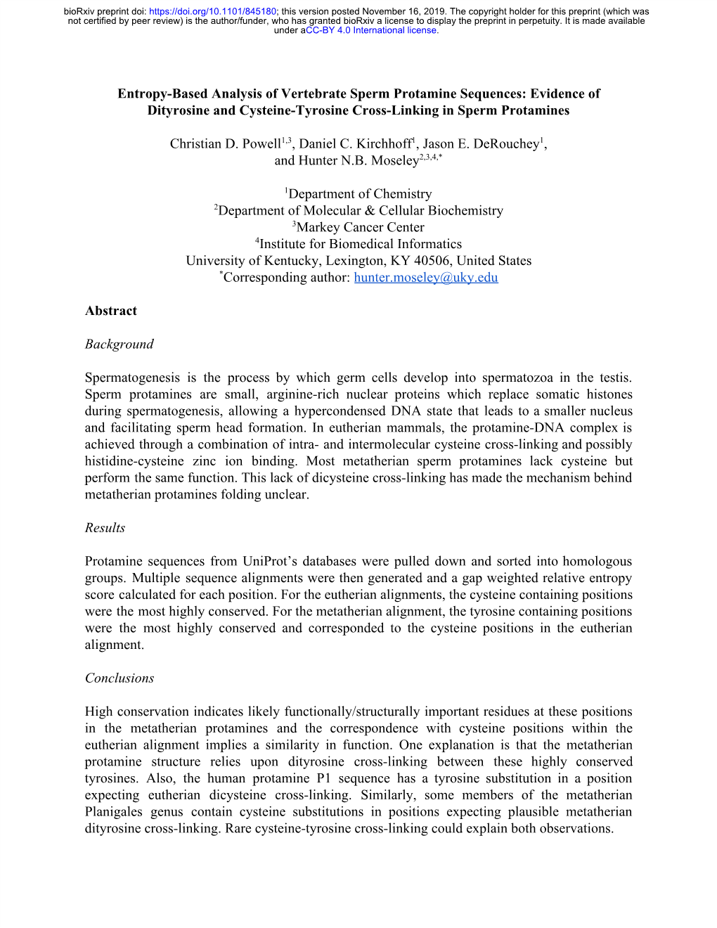 Entropy-Based Analysis of Vertebrate Sperm Protamine Sequences: Evidence of Dityrosine and Cysteine-Tyrosine Cross-Linking in Sperm Protamines