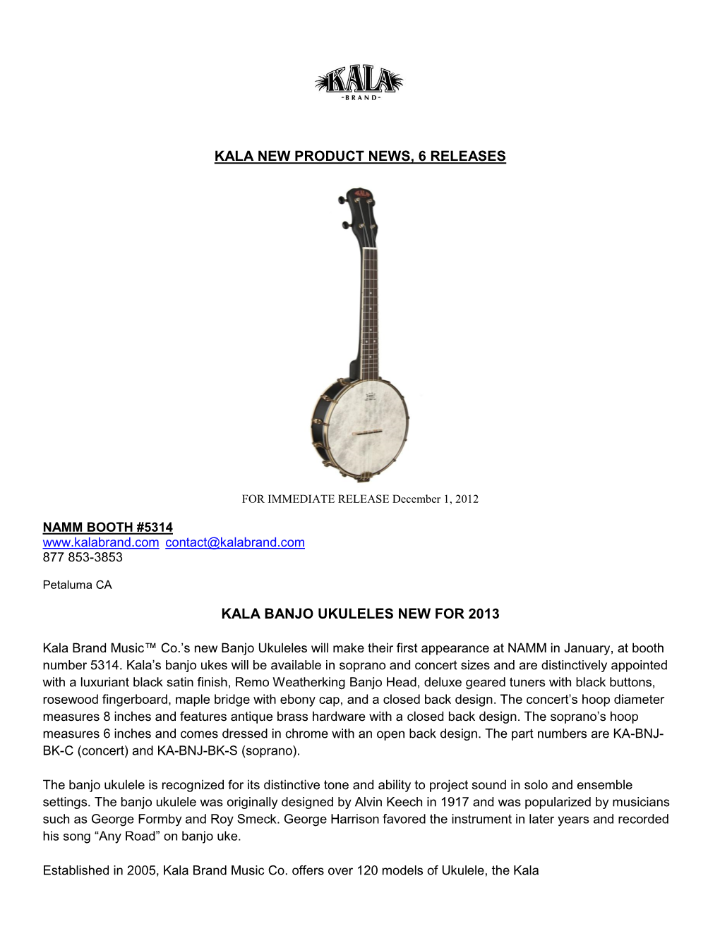 Kala New Product News, 6 Releases Kala Banjo