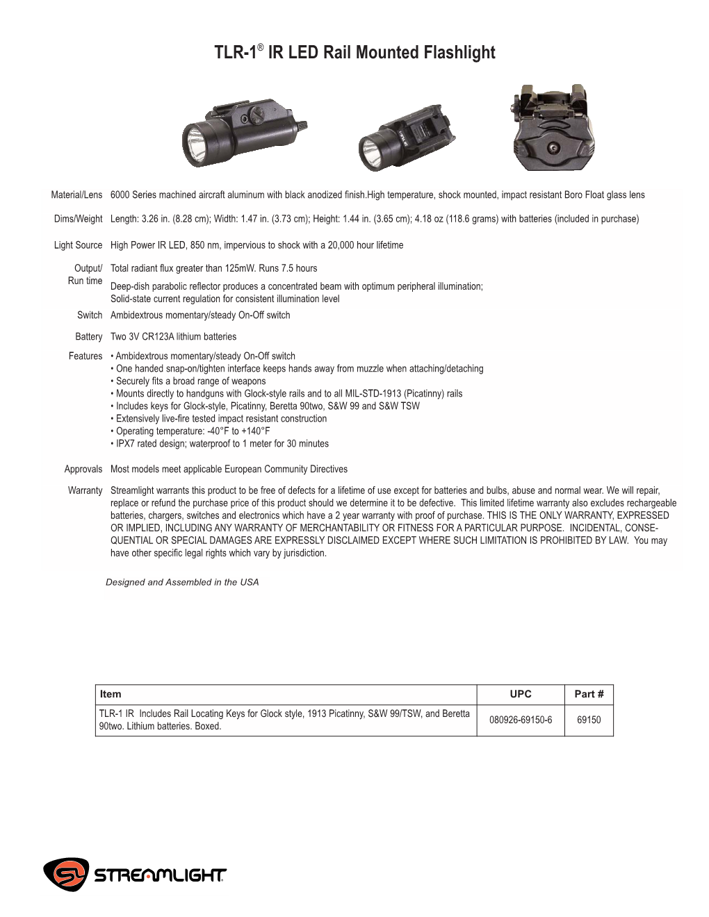 TLR-1 IR Info Sheet TLR-1 IR Rail Mounted Light