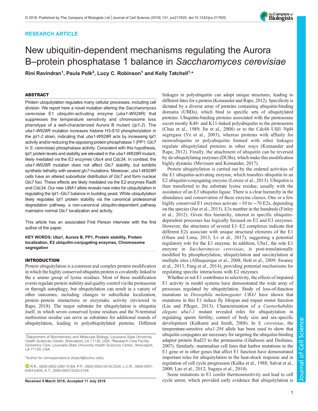 New Ubiquitin-Dependent Mechanisms Regulating the Aurora B–Protein Phosphatase 1 Balance in Saccharomyces Cerevisiae Rini Ravindran1, Paula Polk2, Lucy C