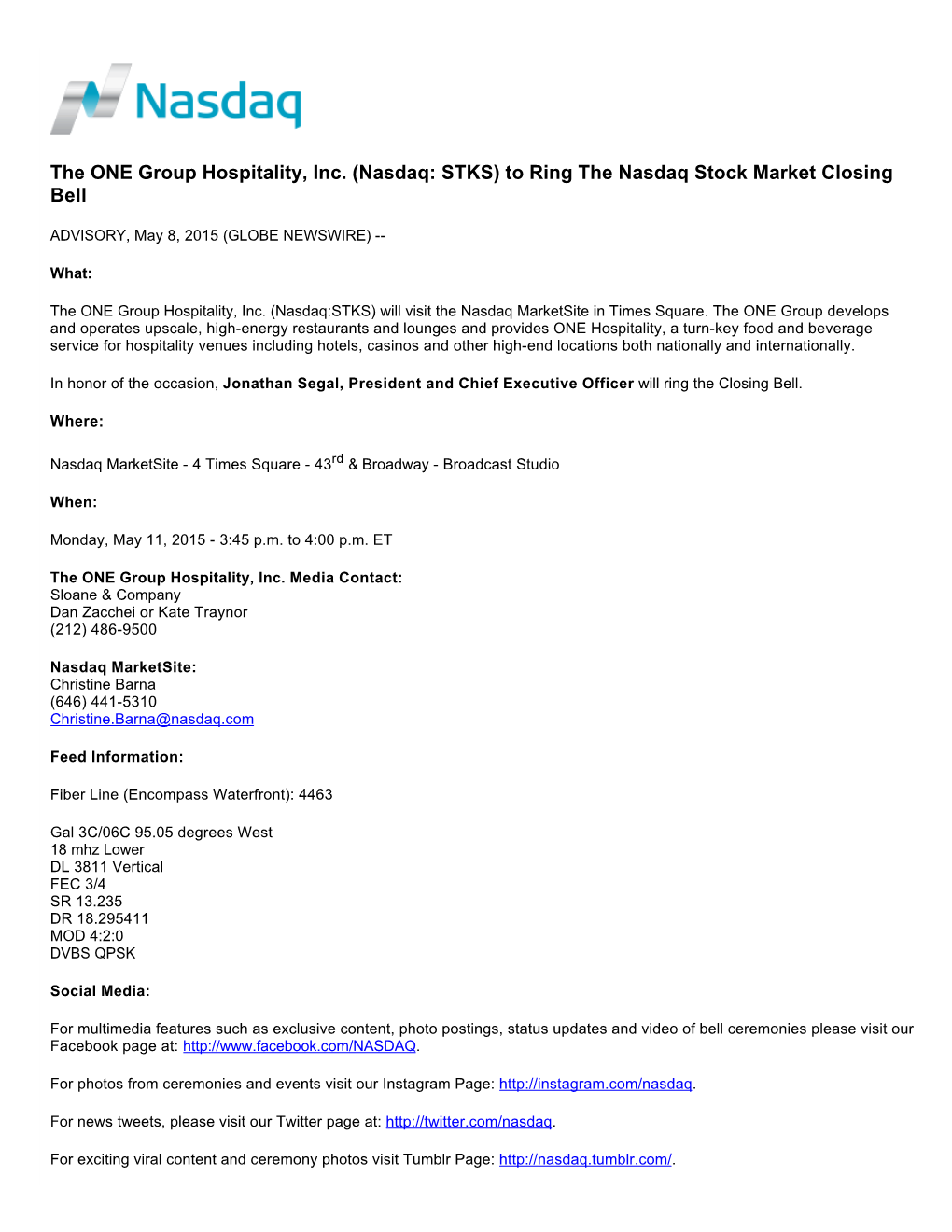 The ONE Group Hospitality, Inc. (Nasdaq: STKS) to Ring the Nasdaq Stock Market Closing Bell