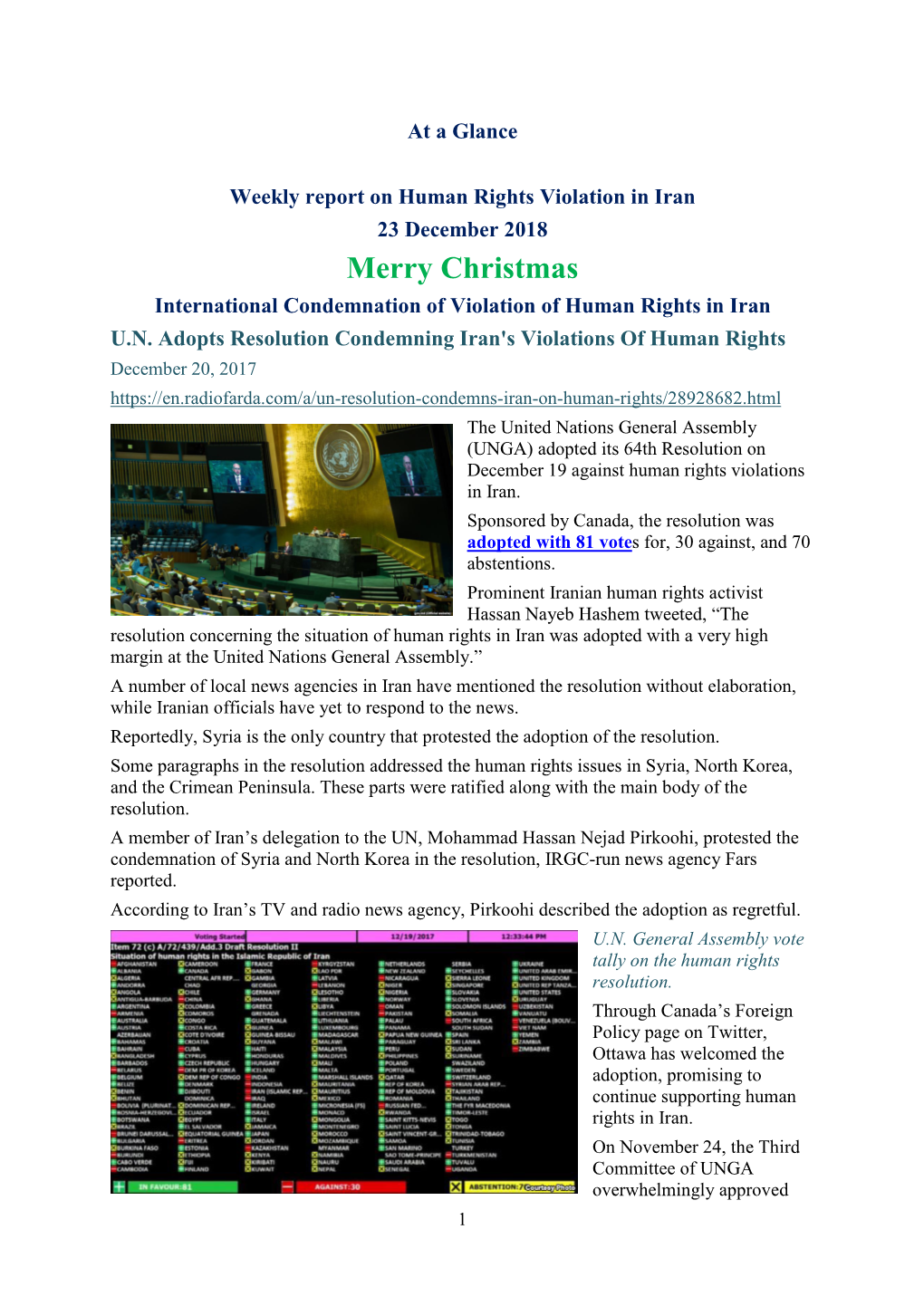 Merry Christmas International Condemnation of Violation of Human Rights in Iran U.N