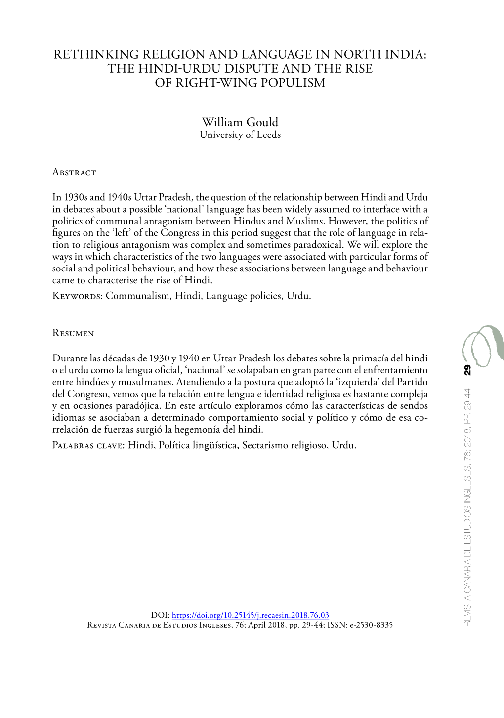 Rethinking Religion and Language in North India: the Hindi-Urdu Dispute and the Rise of Right-Wing Populism