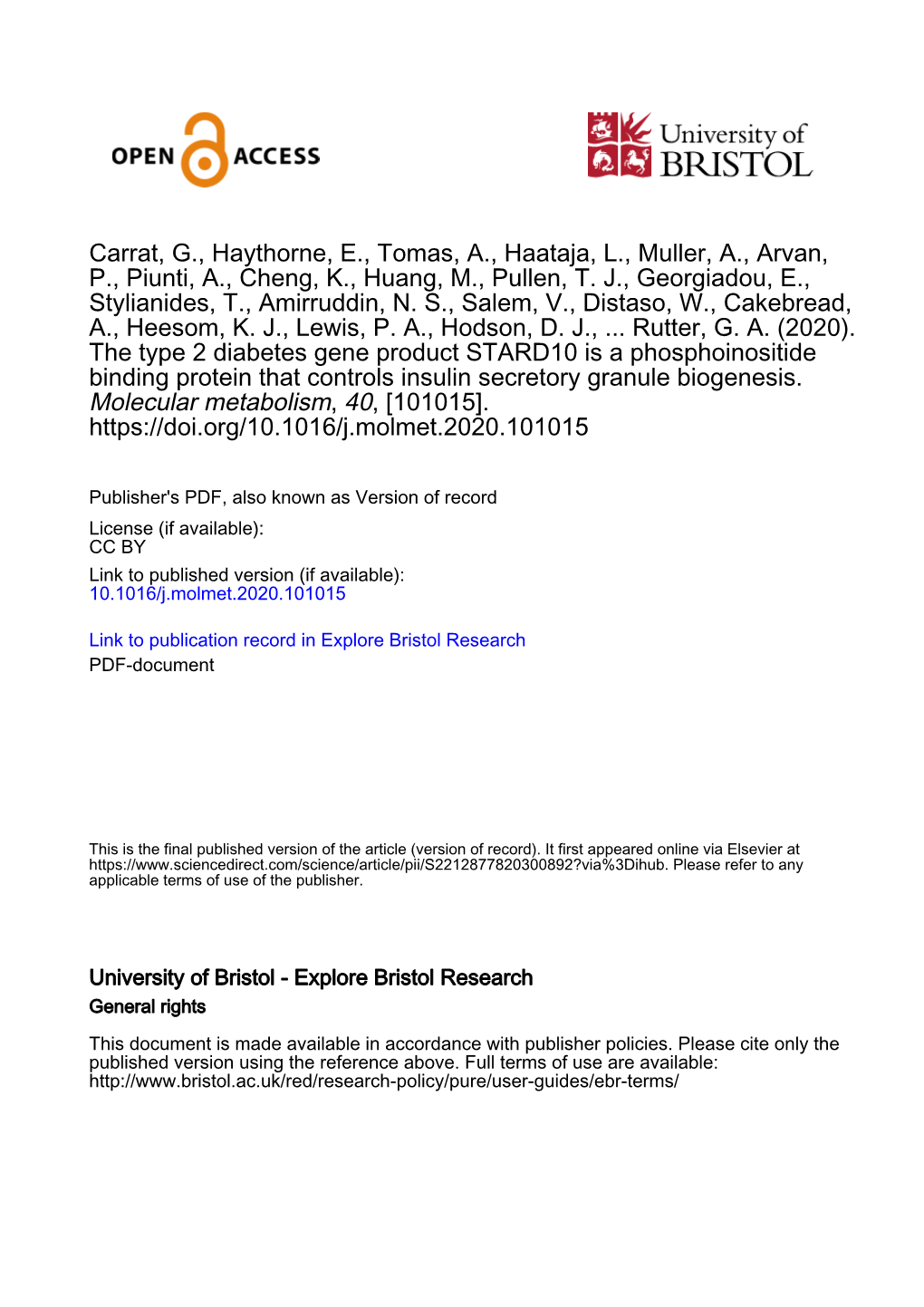 The Type 2 Diabetes Gene Product STARD10 Is a Phosphoinositide Binding Protein That Controls Insulin Secretory Granule Biogenesis