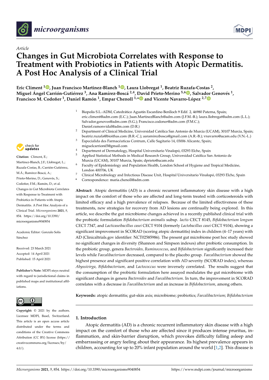 Changes in Gut Microbiota Correlates with Response to Treatment with Probiotics in Patients with Atopic Dermatitis