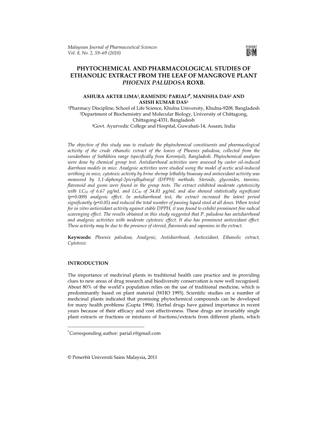 Title:Phytochemical and Pharmacological Screening of Crude