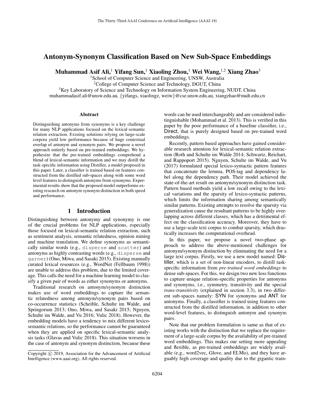 Antonym-Synonym Classification Based on New Sub-Space Embeddings