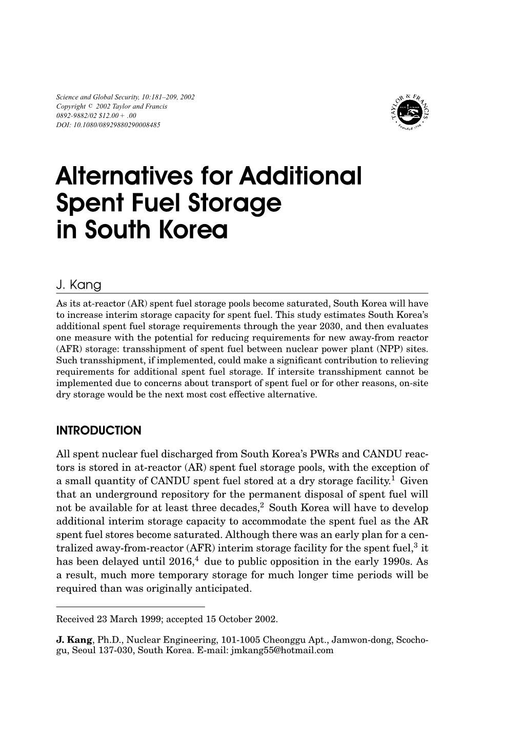 Alternatives for Additional Spent Fuel Storage in South Korea