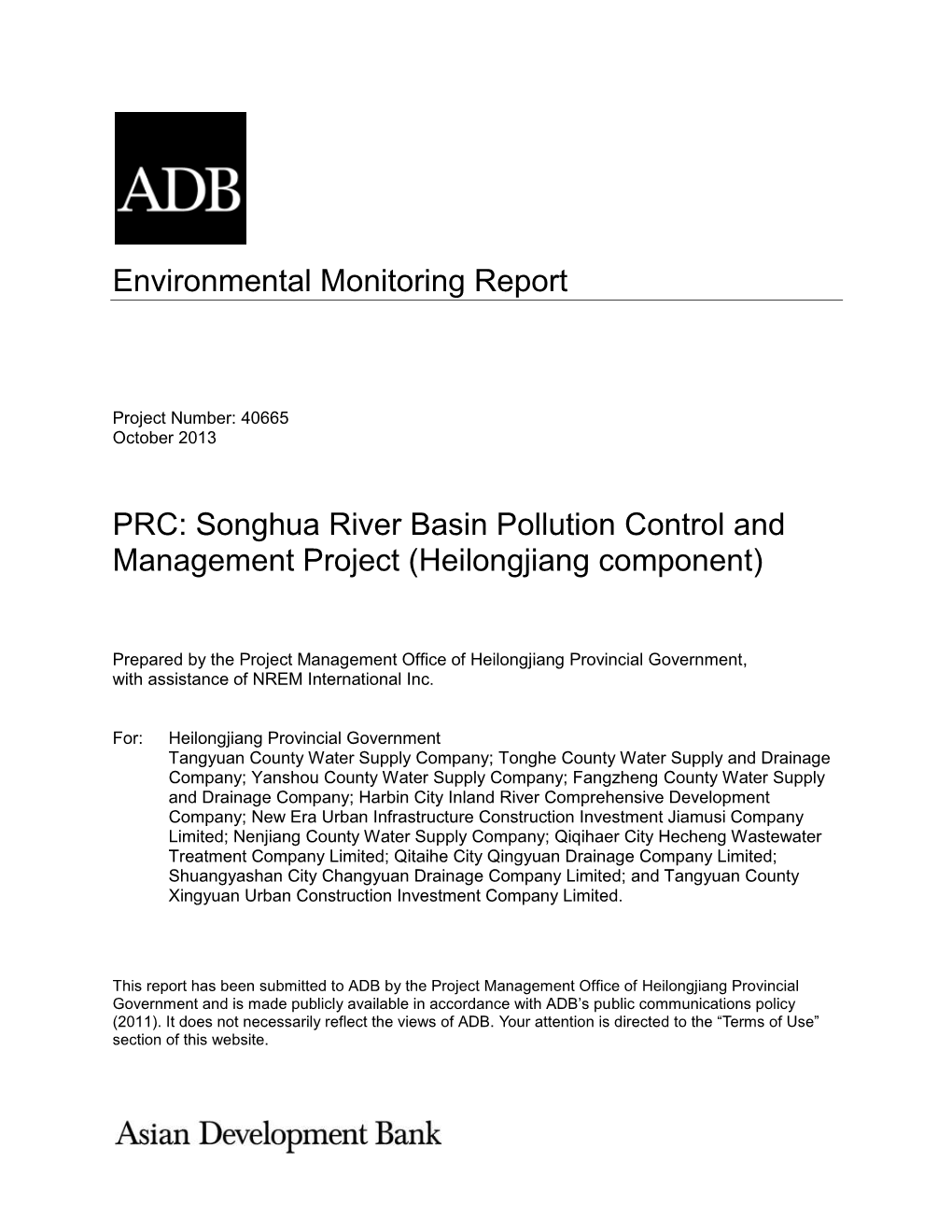 Environmental Monitoring Report PRC: Songhua River Basin Pollution