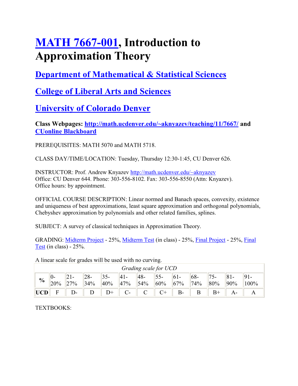 MATH 7667-001, Introduction to Approximation Theory