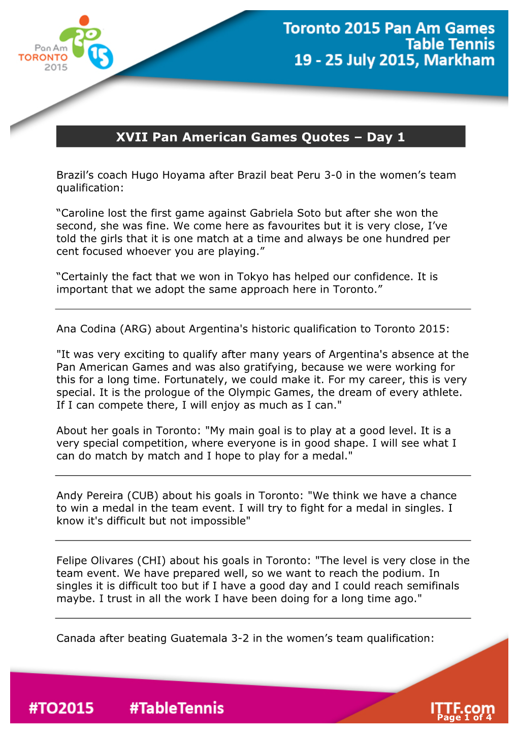 XVII Pan American Games Quotes – Day 1