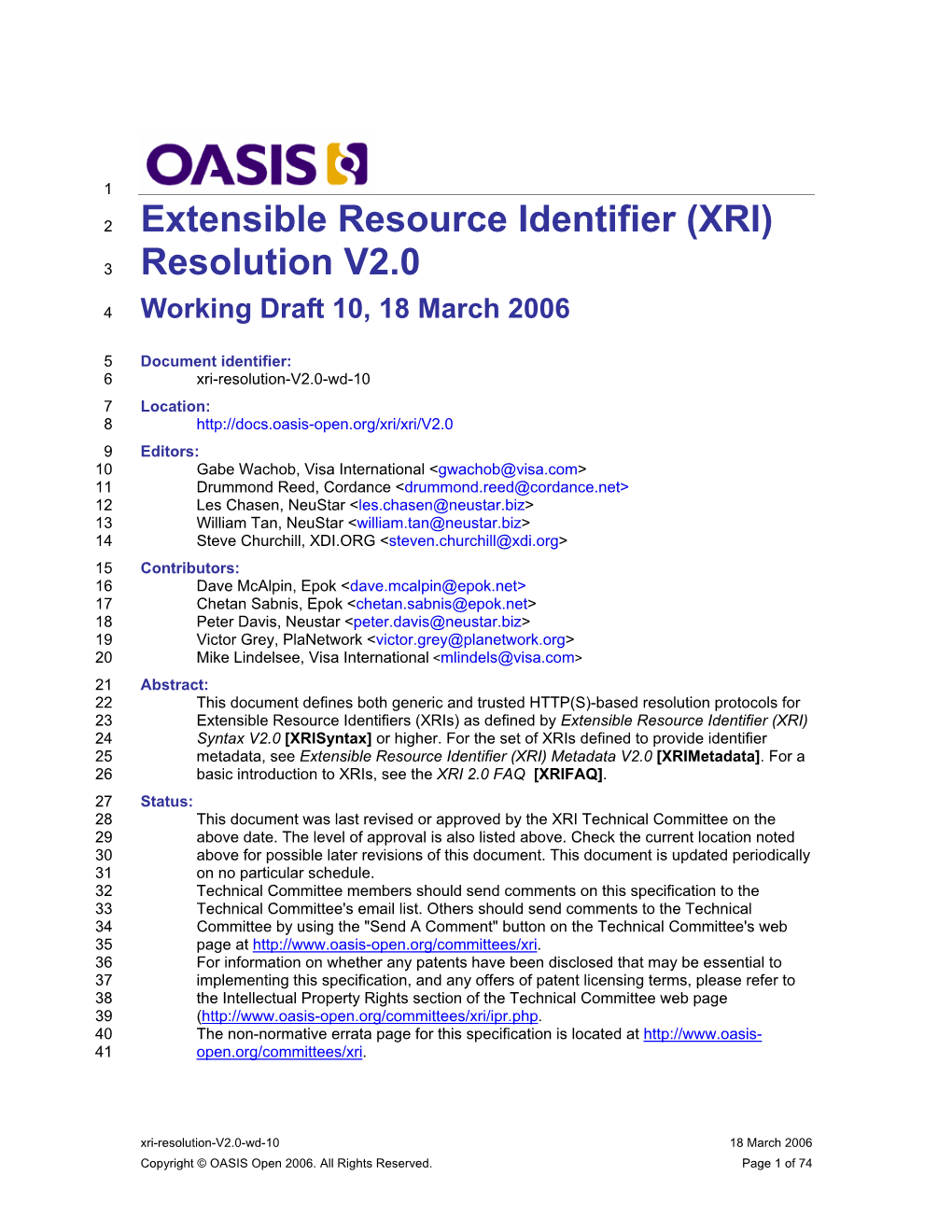 Extensible Resource Identifier (XRI) Resolution V2.0