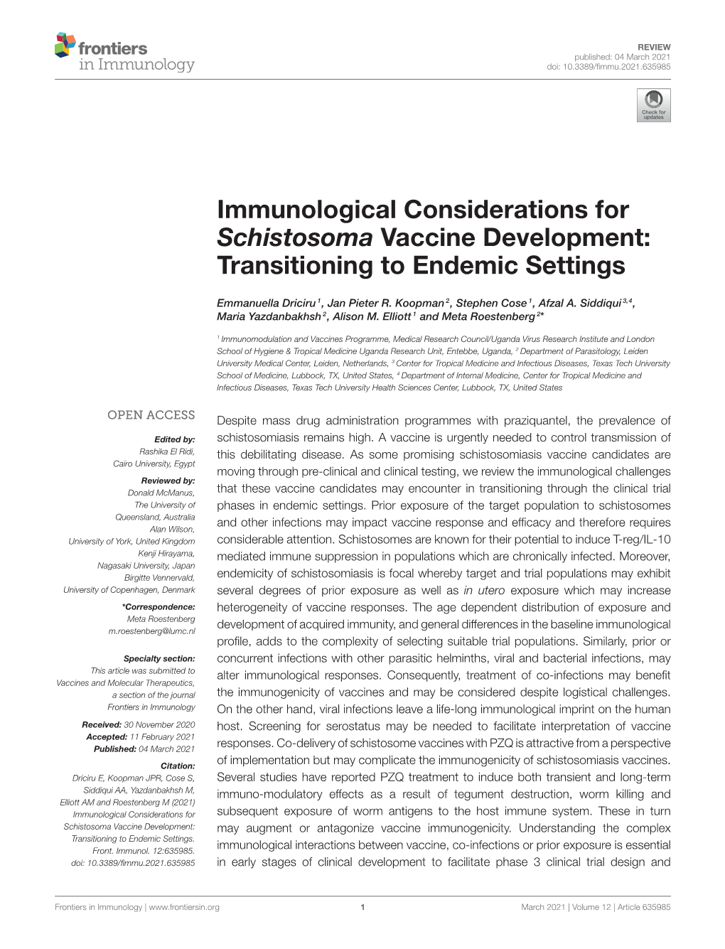 Immunological Considerations for Schistosoma Vaccine Development: Transitioning to Endemic Settings