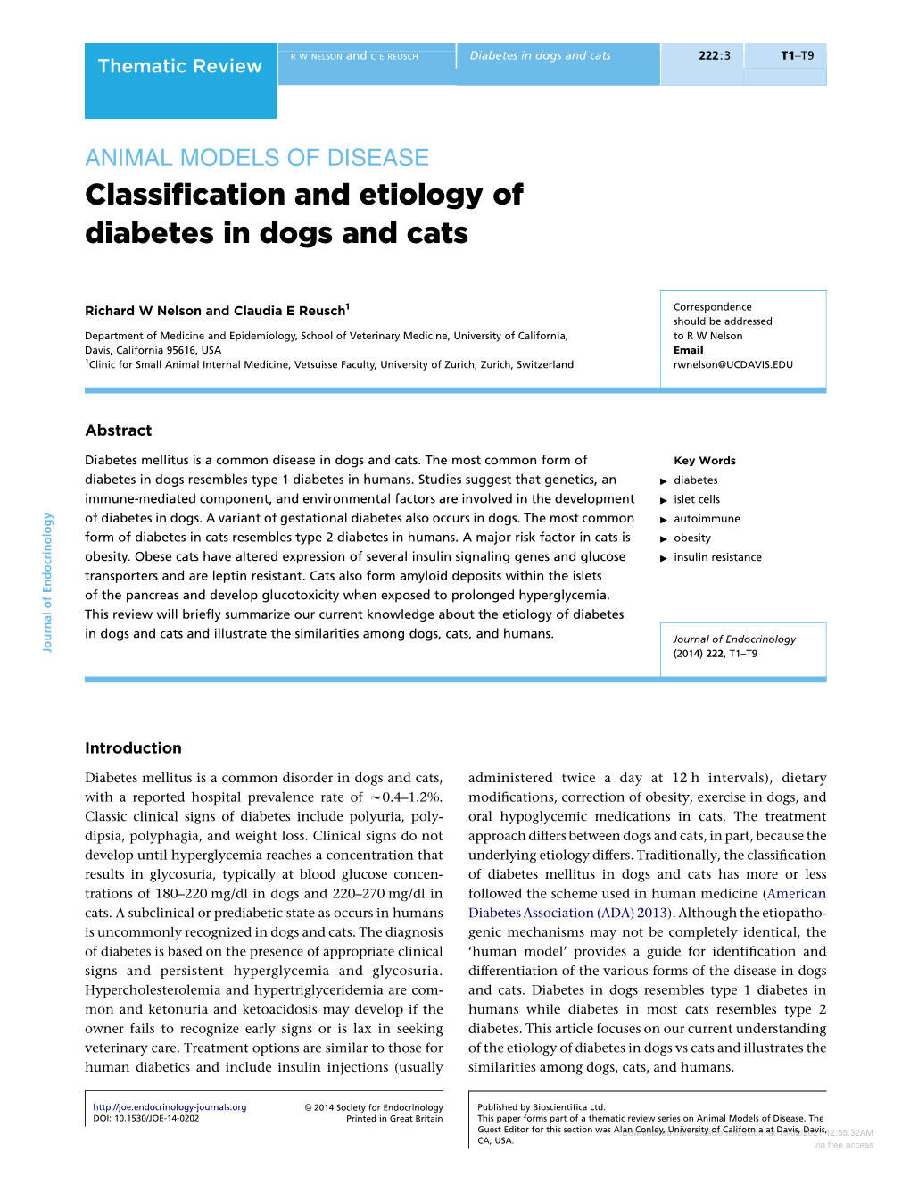 Classification and Etiology of Diabetes in Dogs and Cats