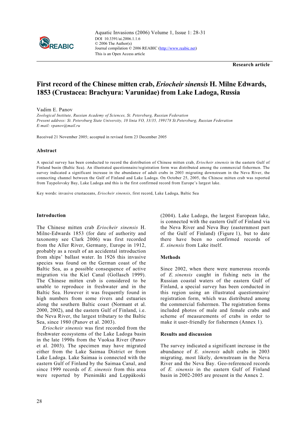 First Record of the Chinese Mitten Crab, Eriocheir Sinensis H. Milne Edwards, 1853 (Crustacea: Brachyura: Varunidae) from Lake Ladoga, Russia