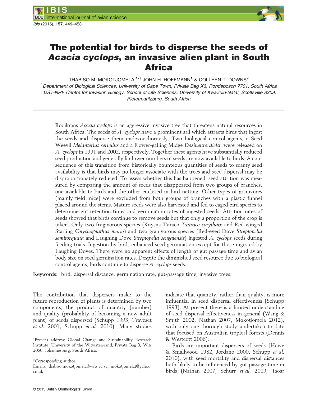 The Potential for Birds to Disperse the Seeds of Acacia Cyclops, an Invasive Alien Plant in South Africa
