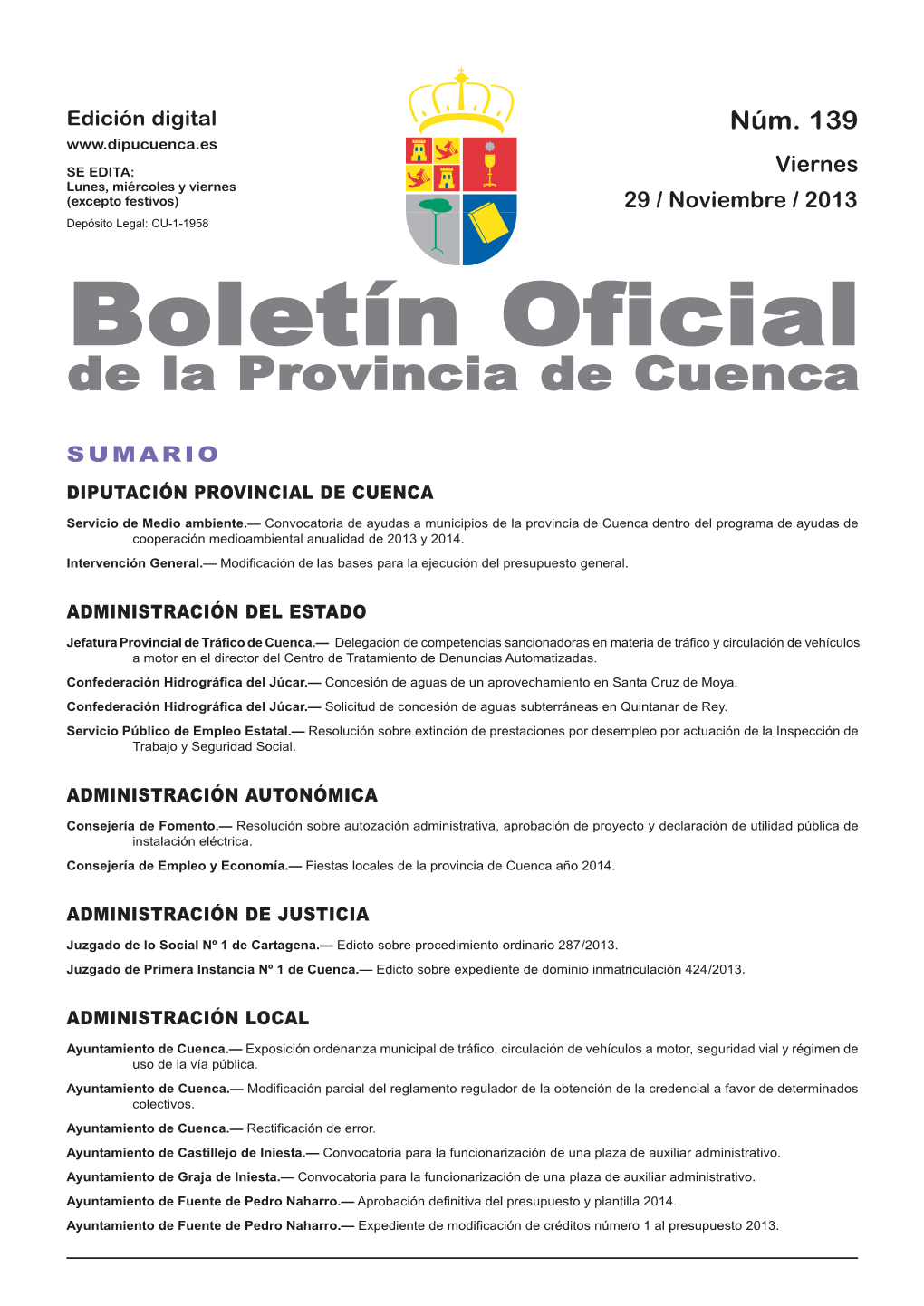 Boletín Oficial De La Provincia De Cuenca Sumario Diputación Provincial De Cuenca