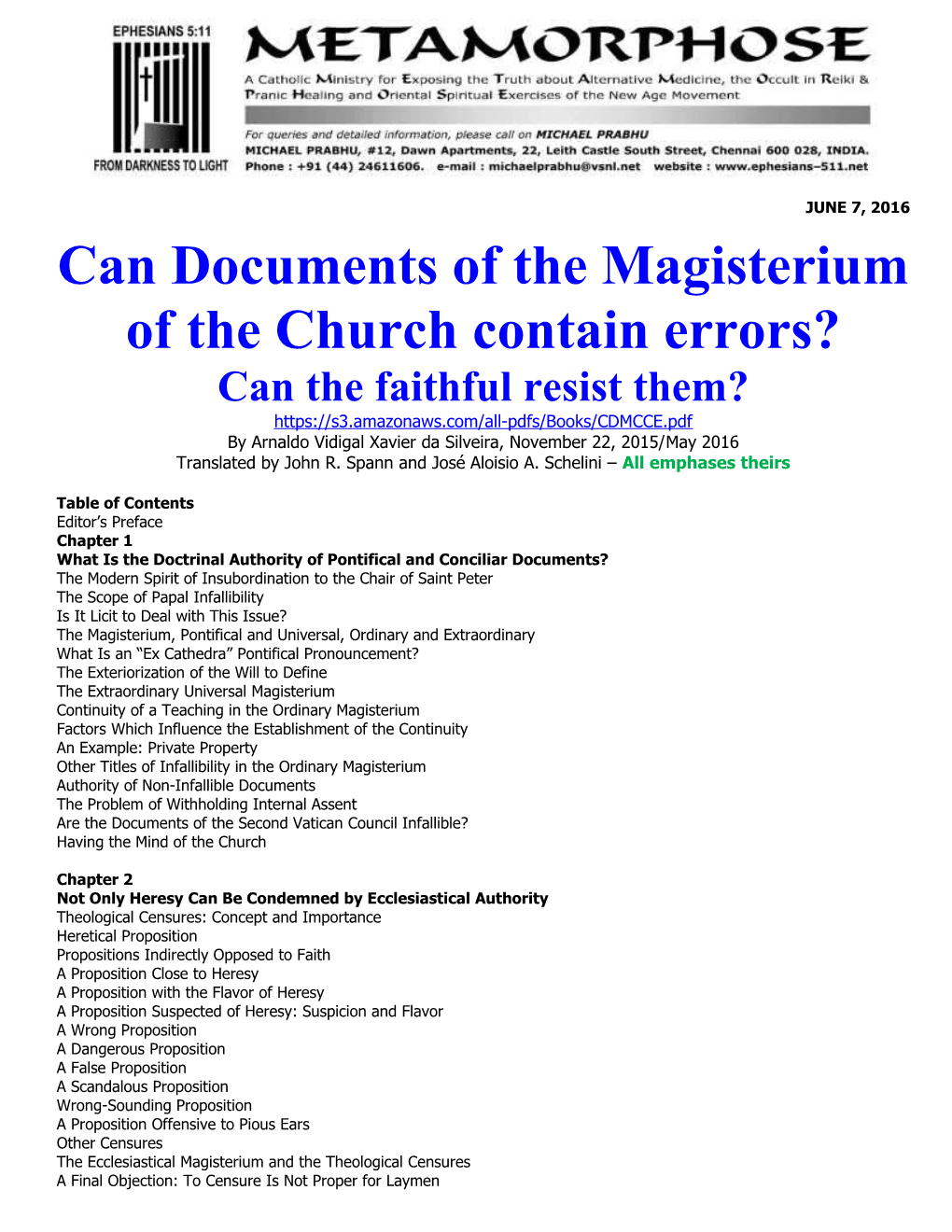 Can Documents of the Magisterium of the Church Contain Errors?