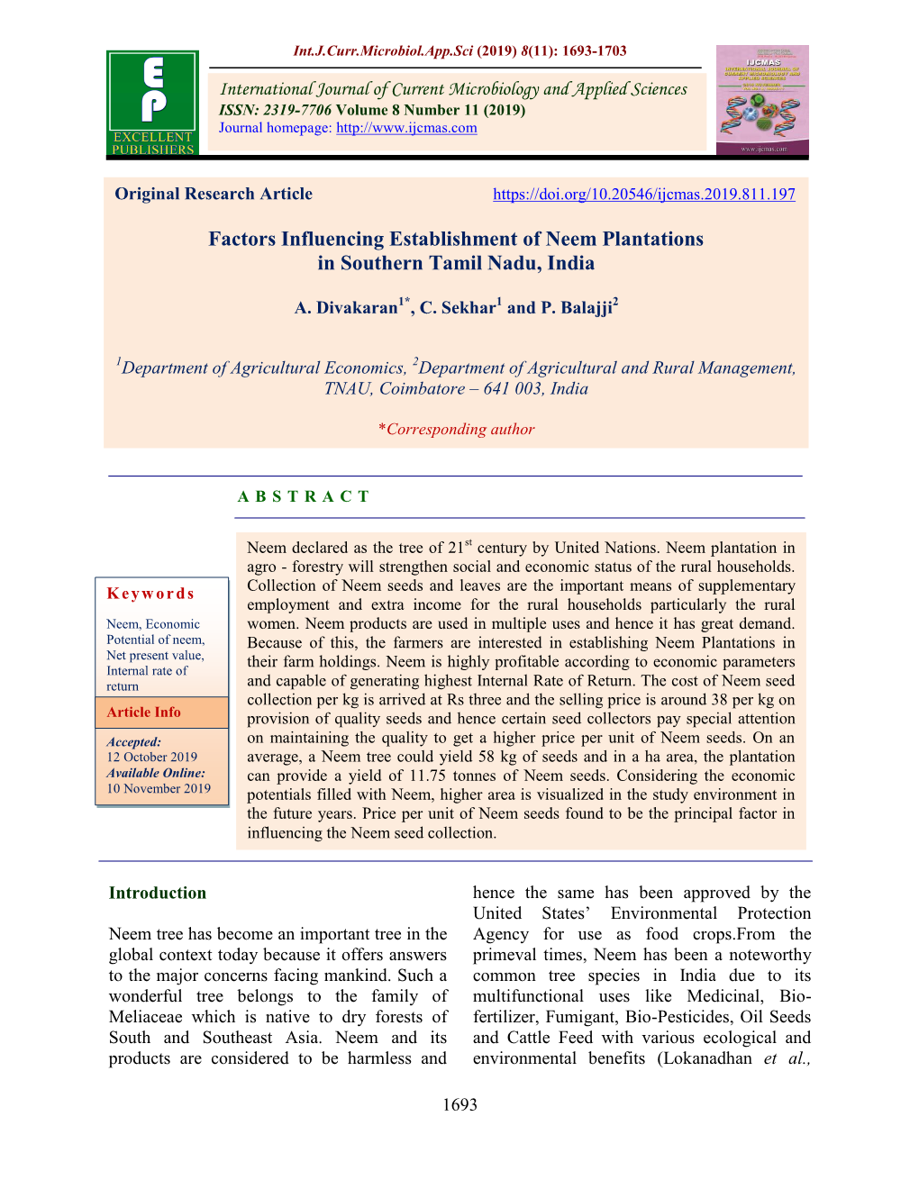 Factors Influencing Establishment of Neem Plantations in Southern Tamil Nadu, India