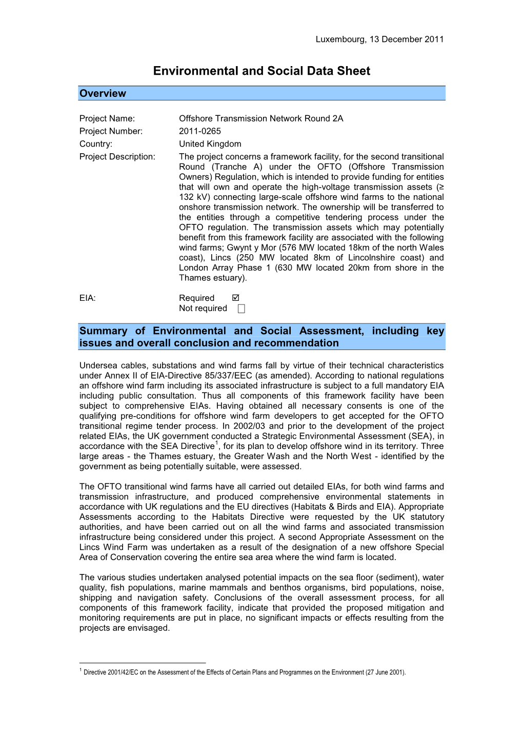 Environmental and Social Data Sheet