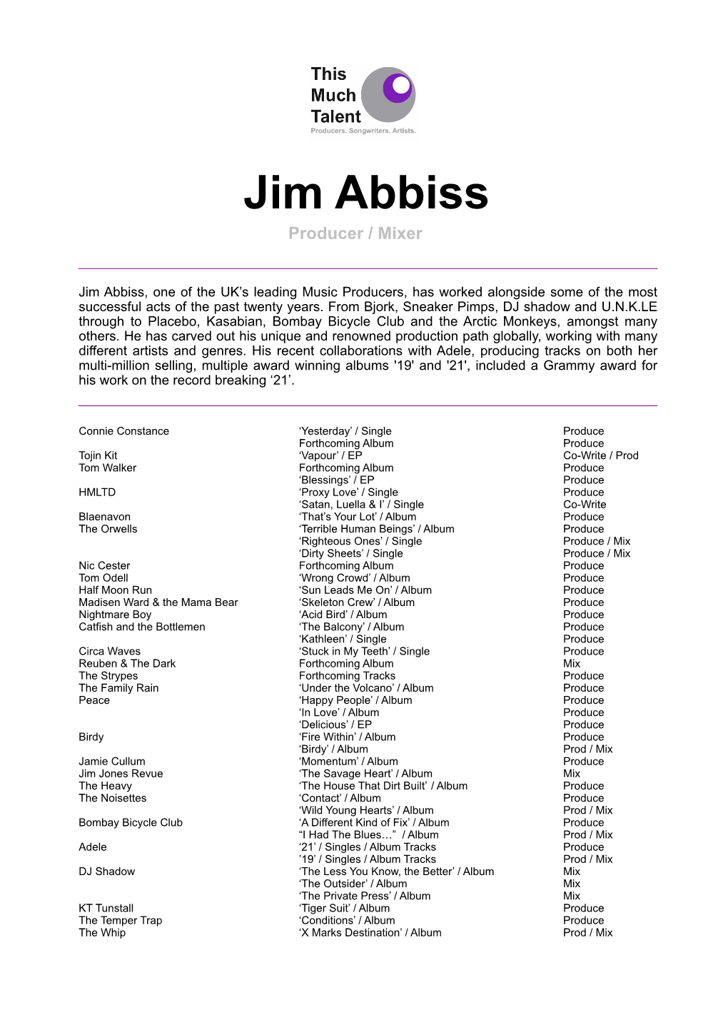 Jim Abbiss Complete CV