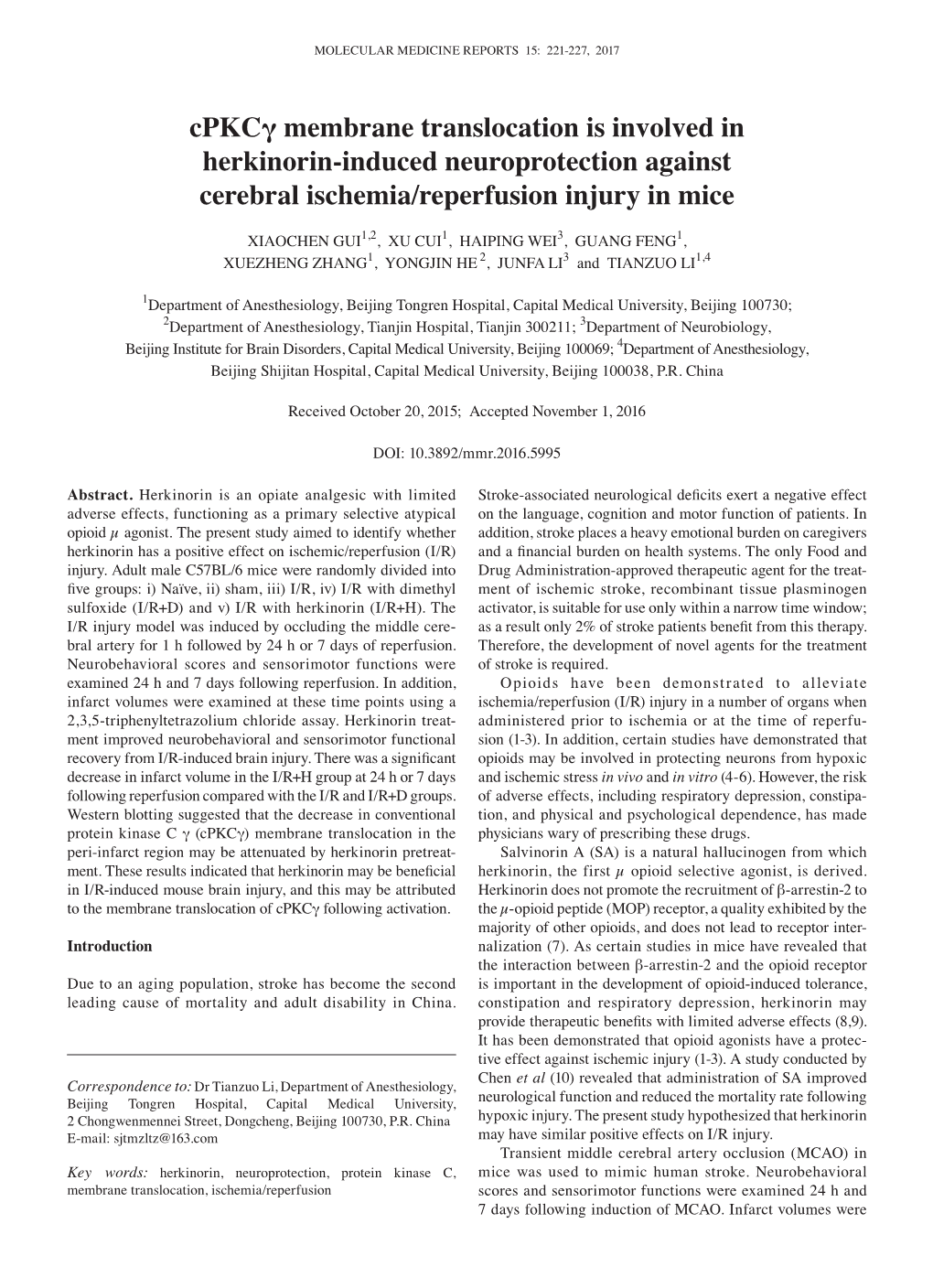 Cpkcγ Membrane Translocation Is Involved in Herkinorin‑Induced Neuroprotection Against Cerebral Ischemia/Reperfusion Injury in Mice