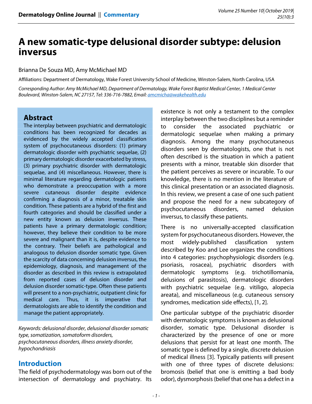 A New Somatic-Type Delusional Disorder Subtype: Delusion Inversus