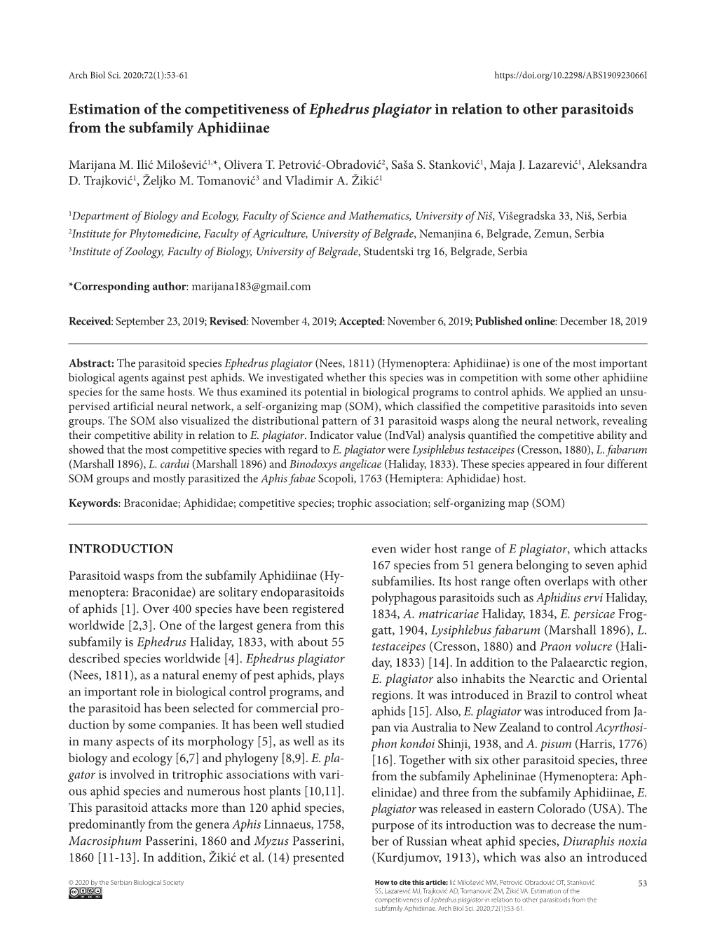 Estimation of the Competitiveness of Ephedrus Plagiator in Relation to Other Parasitoids from the Subfamily Aphidiinae