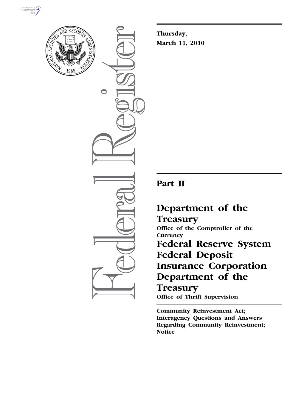 Interagency Questions and Answers Regarding Community Reinvestment; Notice