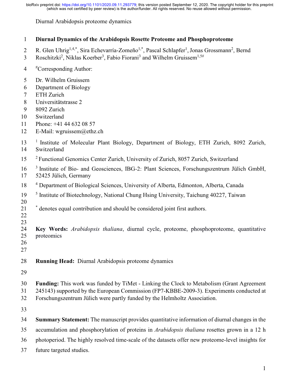 Diurnal Arabidopsis Proteome Dynamics 1 Diurnal Dynamics of the Arabidopsis Rosette Proteome and Phosphoproteome 1 R. Glen Uhrig