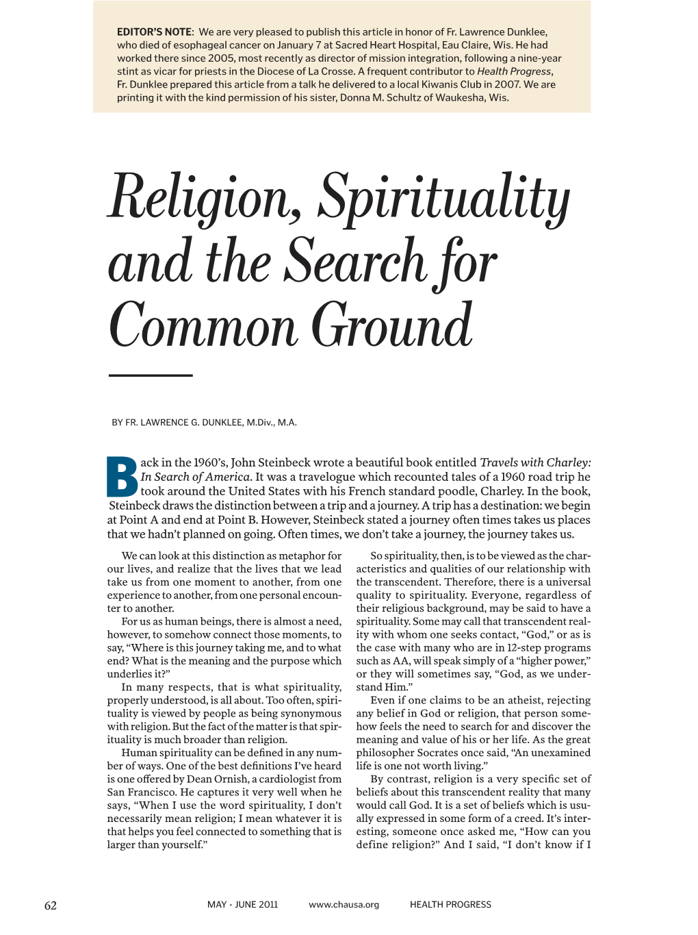 Religion, Spirituality and the Search for Common Ground