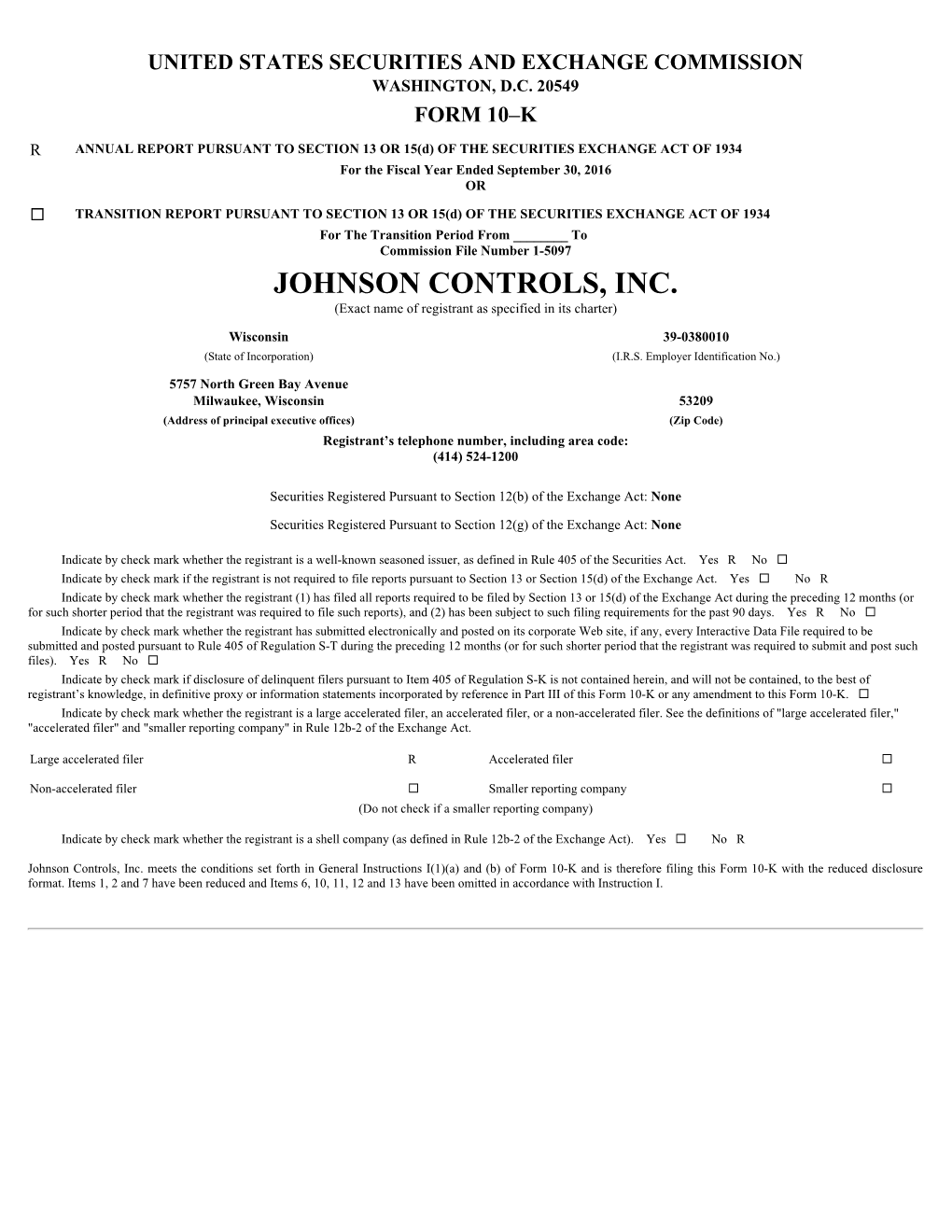 JOHNSON CONTROLS, INC. (Exact Name of Registrant As Specified in Its Charter)