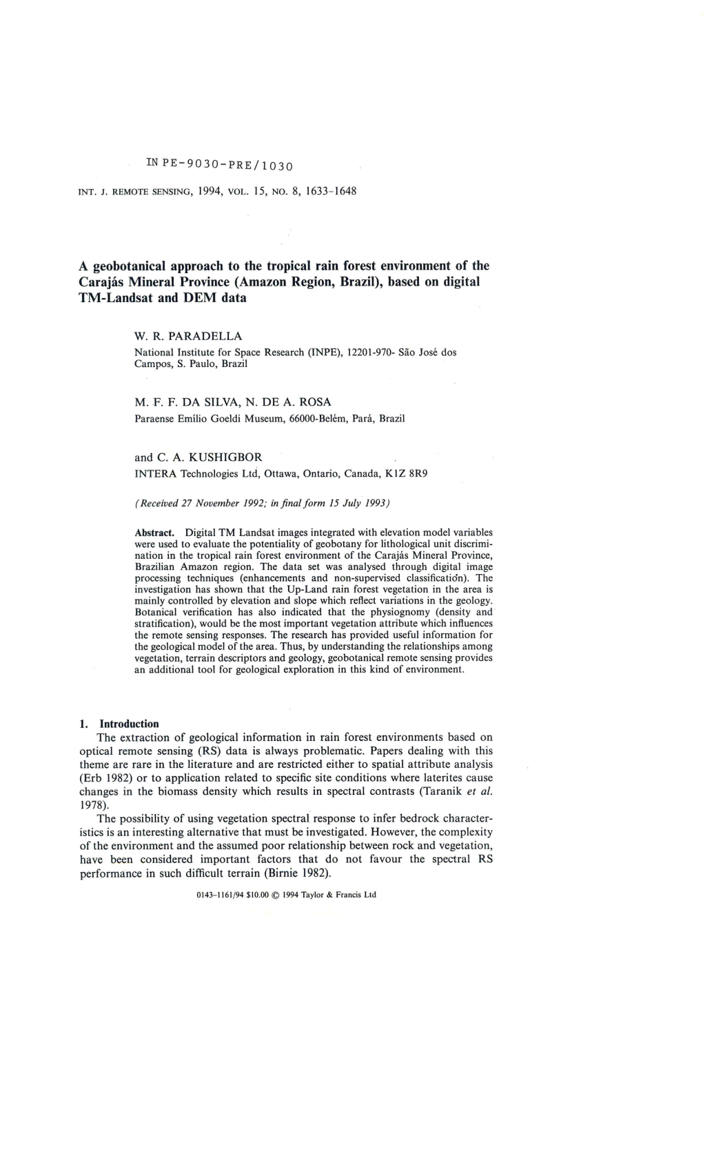 A Geobotanical Approach to the Tropical Rain Forest Environment of the Carajás Mineral Province (Amazon Region, Brazil), Based on Digital TM-Landsat and DEM Data