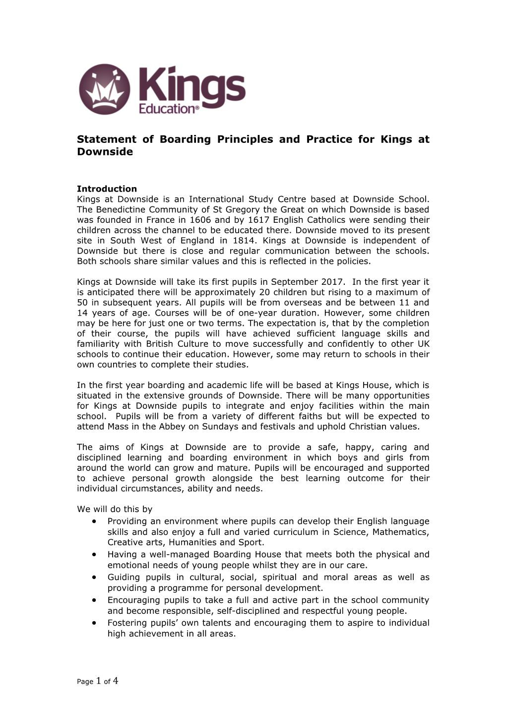 Statement of Boarding Principles and Practice for Kings at Downside