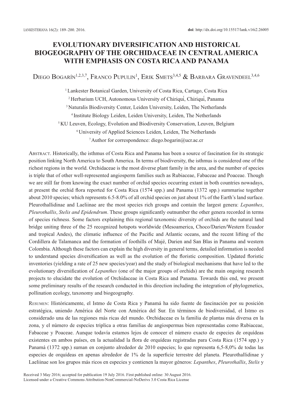 Evolutionary Diversification and Historical Biogeography of the Orchidaceae in Central America with Emphasis on Costa Rica and Panama