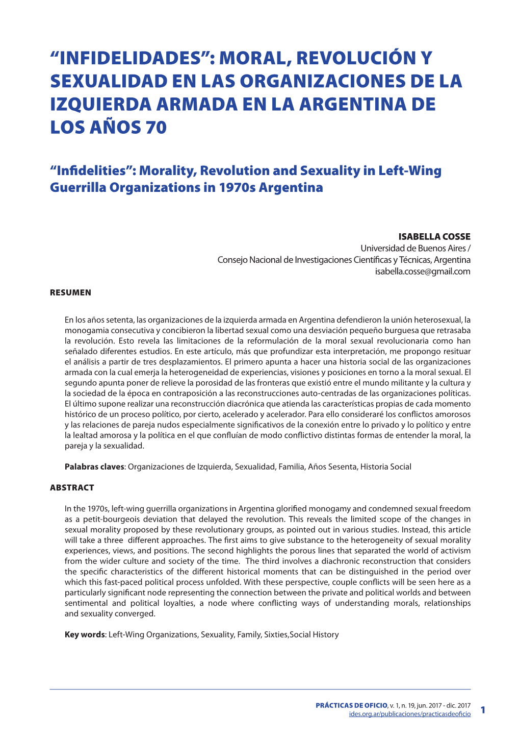 Moral, Revolución Y Sexualidad En Las Organizaciones De La Izquierda Armada En La Argentina De Los Años 70