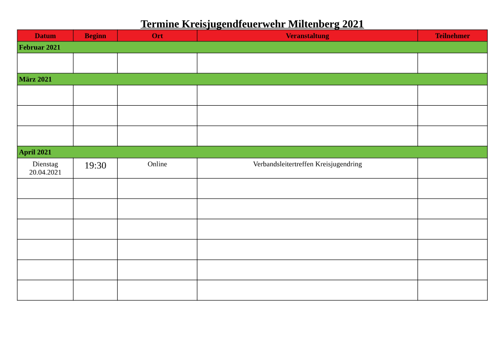 Termine Kreisjugendfeuerwehr Miltenberg 2021 Datum Beginn Ort Veranstaltung Teilnehmer Februar 2021