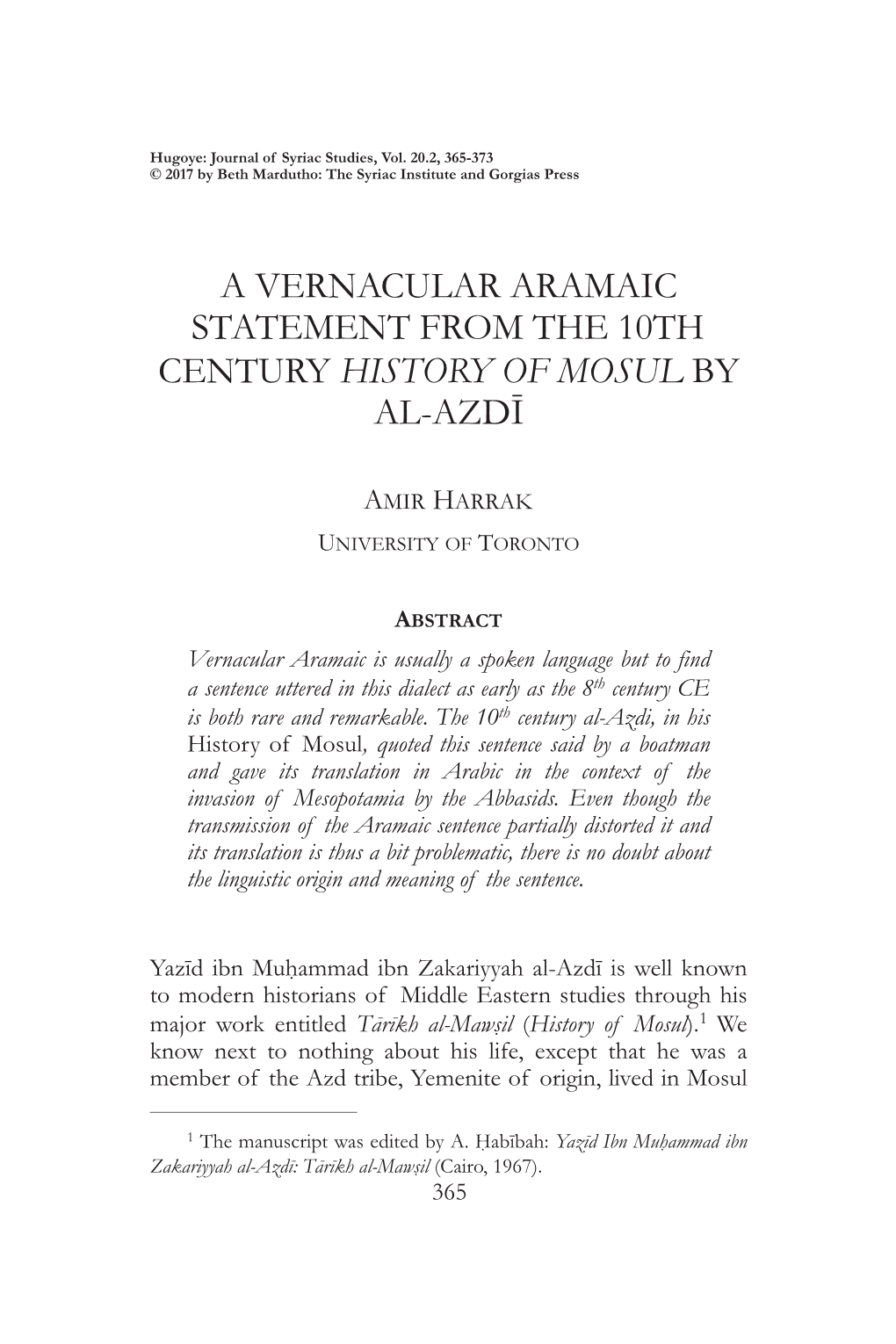 A Vernacular Aramaic Statement from the 10Th Century History of Mosul by Al-Azdī