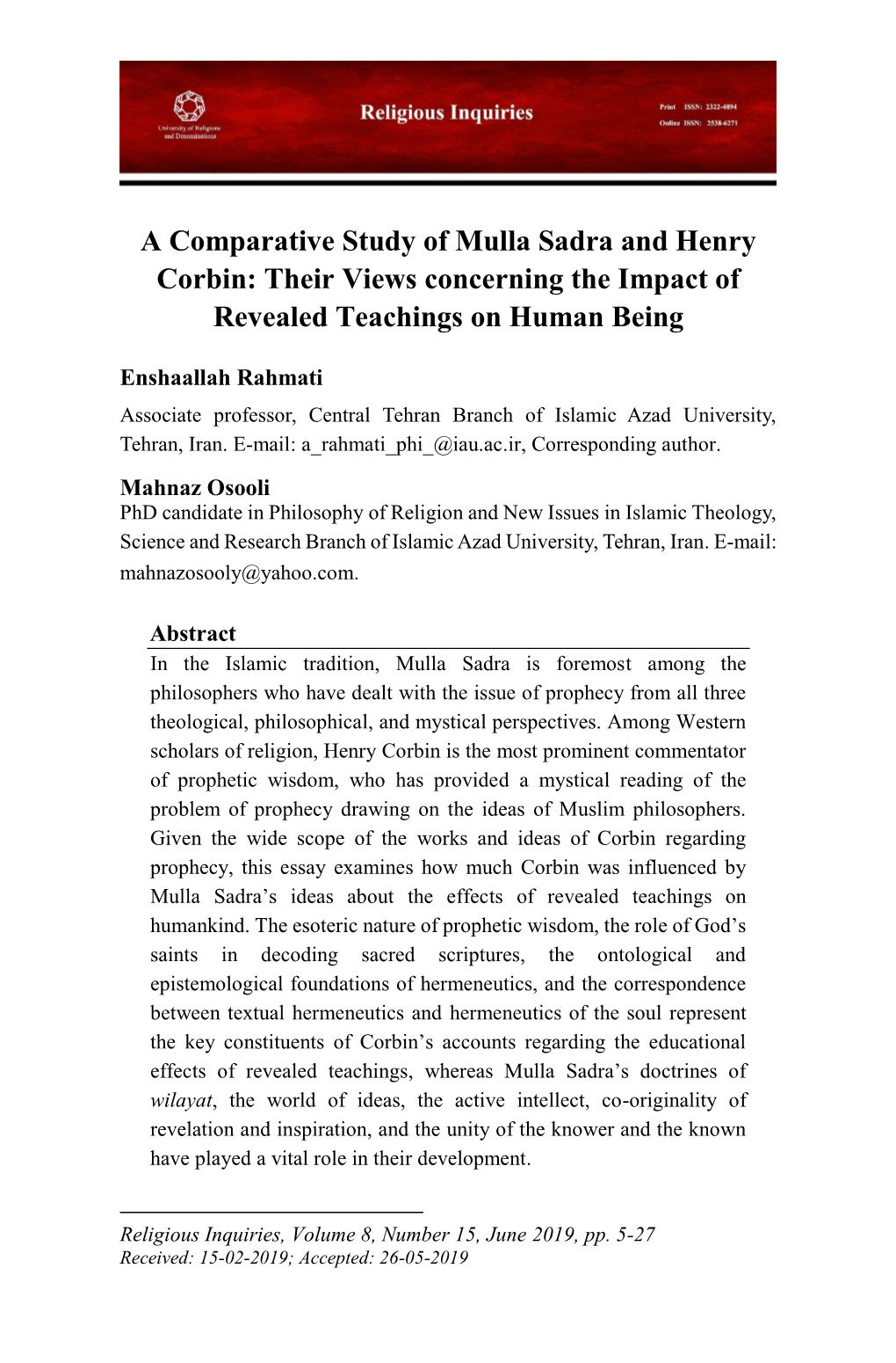 A Comparative Study of Mulla Sadra and Henry Corbin: Their Views Concerning the Impact of Revealed Teachings on Human Being