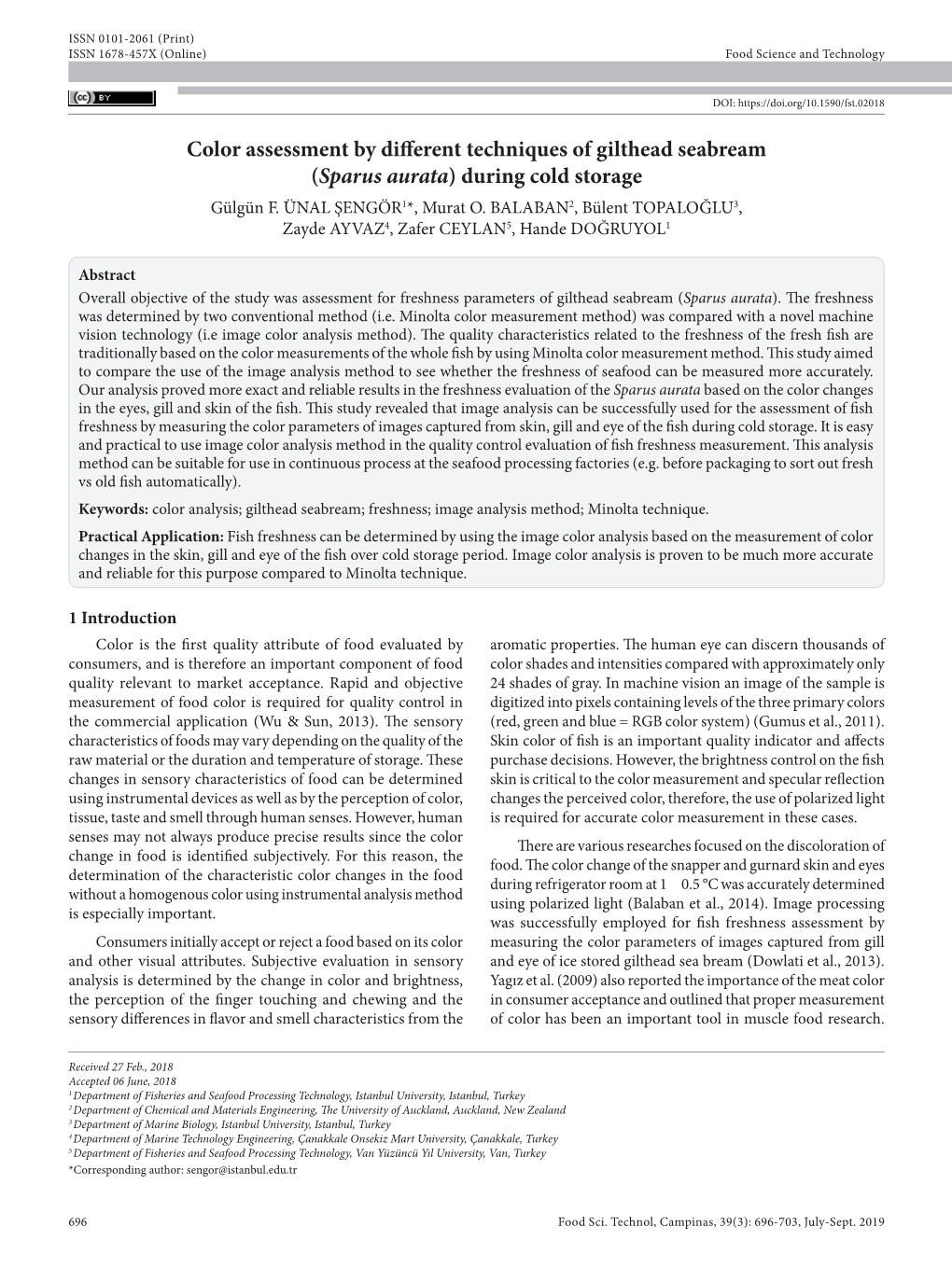 Color Assessment by Different Techniques of Gilthead Seabream (Sparus Aurata) During Cold Storage Gülgün F